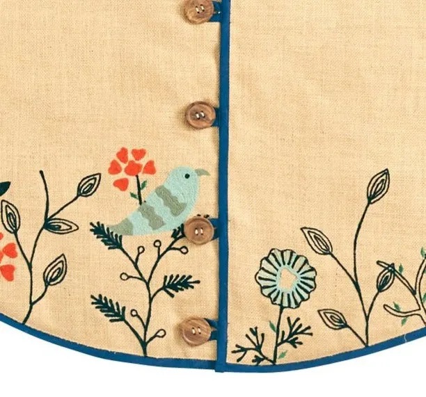 Handmade Christmas Tree Skirt in Jute - Embroidered Forest Scene - 60"
