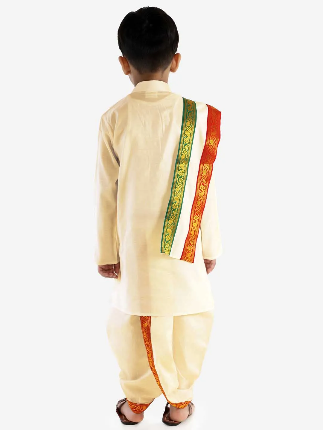 Jashvi Boy's Cream Cotton Kurta Dhoti and Dupatta Set