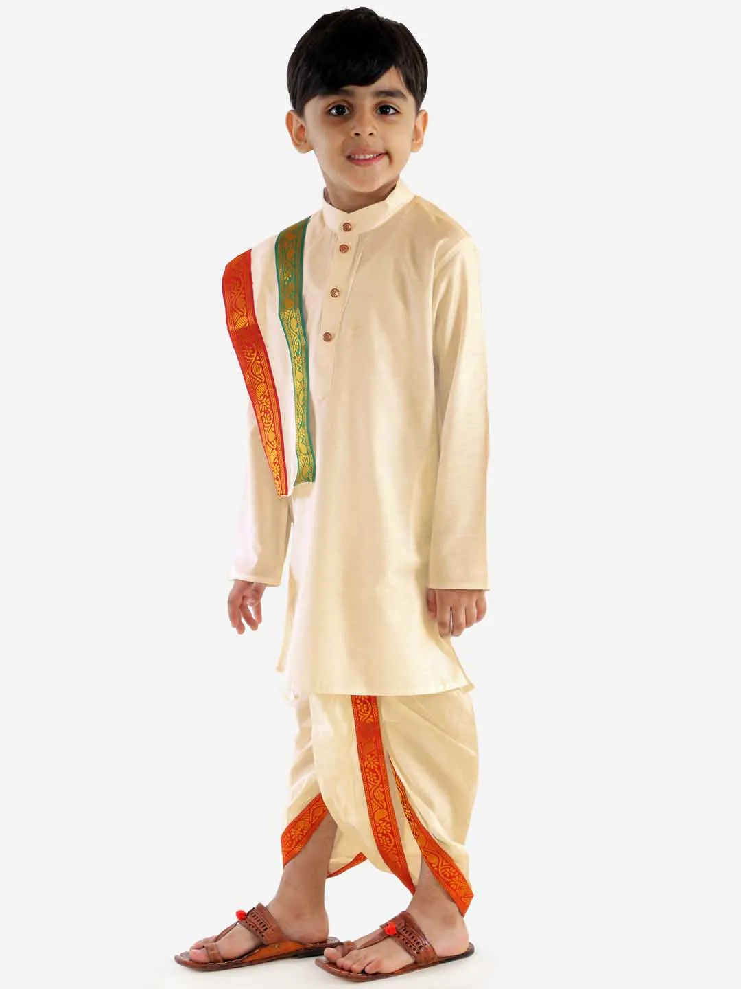 Jashvi Boy's Cream Cotton Kurta Dhoti and Dupatta Set