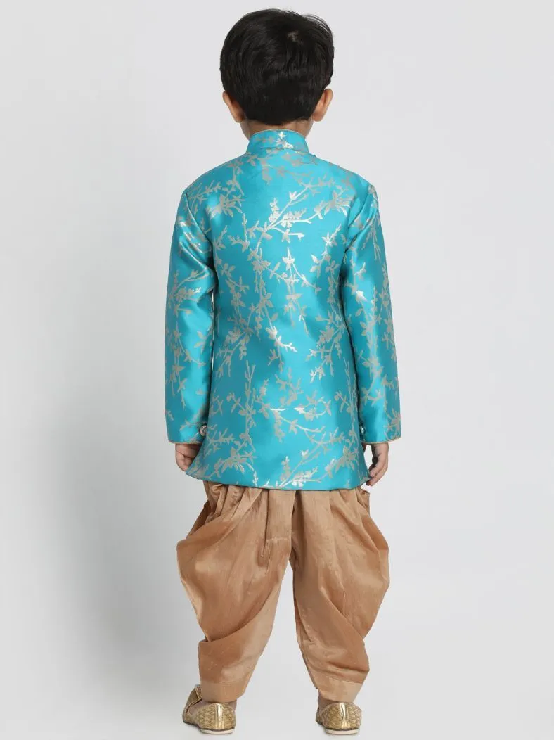 Jashvi Boys' Light Blue Cotton Silk Blend Sherwani and Dhoti Set