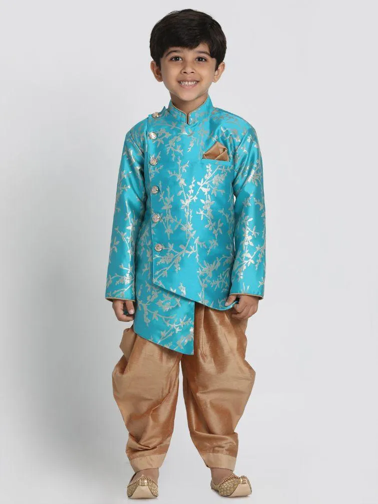 Jashvi Boys' Light Blue Cotton Silk Blend Sherwani and Dhoti Set