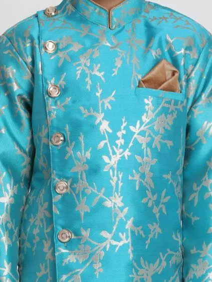 Jashvi Boys' Light Blue Cotton Silk Blend Sherwani and Dhoti Set
