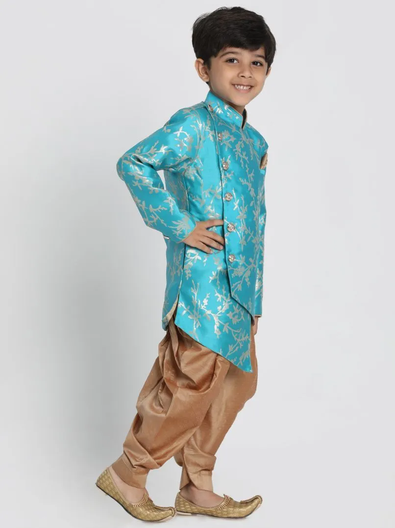 Jashvi Boys' Light Blue Cotton Silk Blend Sherwani and Dhoti Set