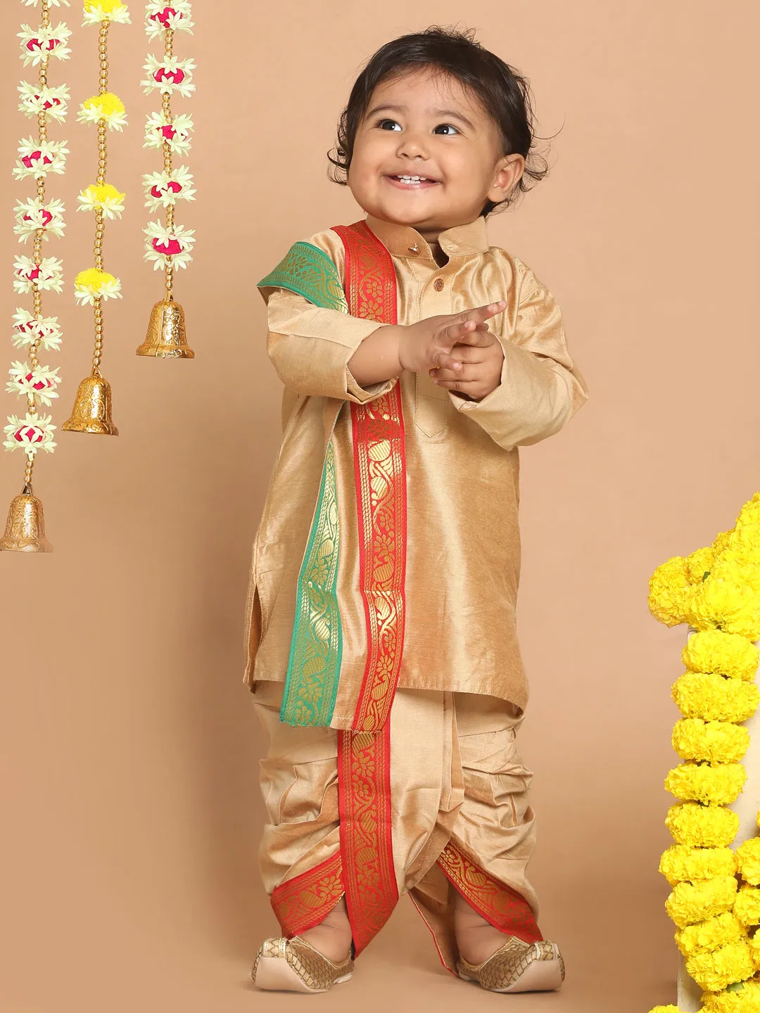 Jashvi Boy's Rose Gold Kurta with Dhoti Pants & With Dupatta Set