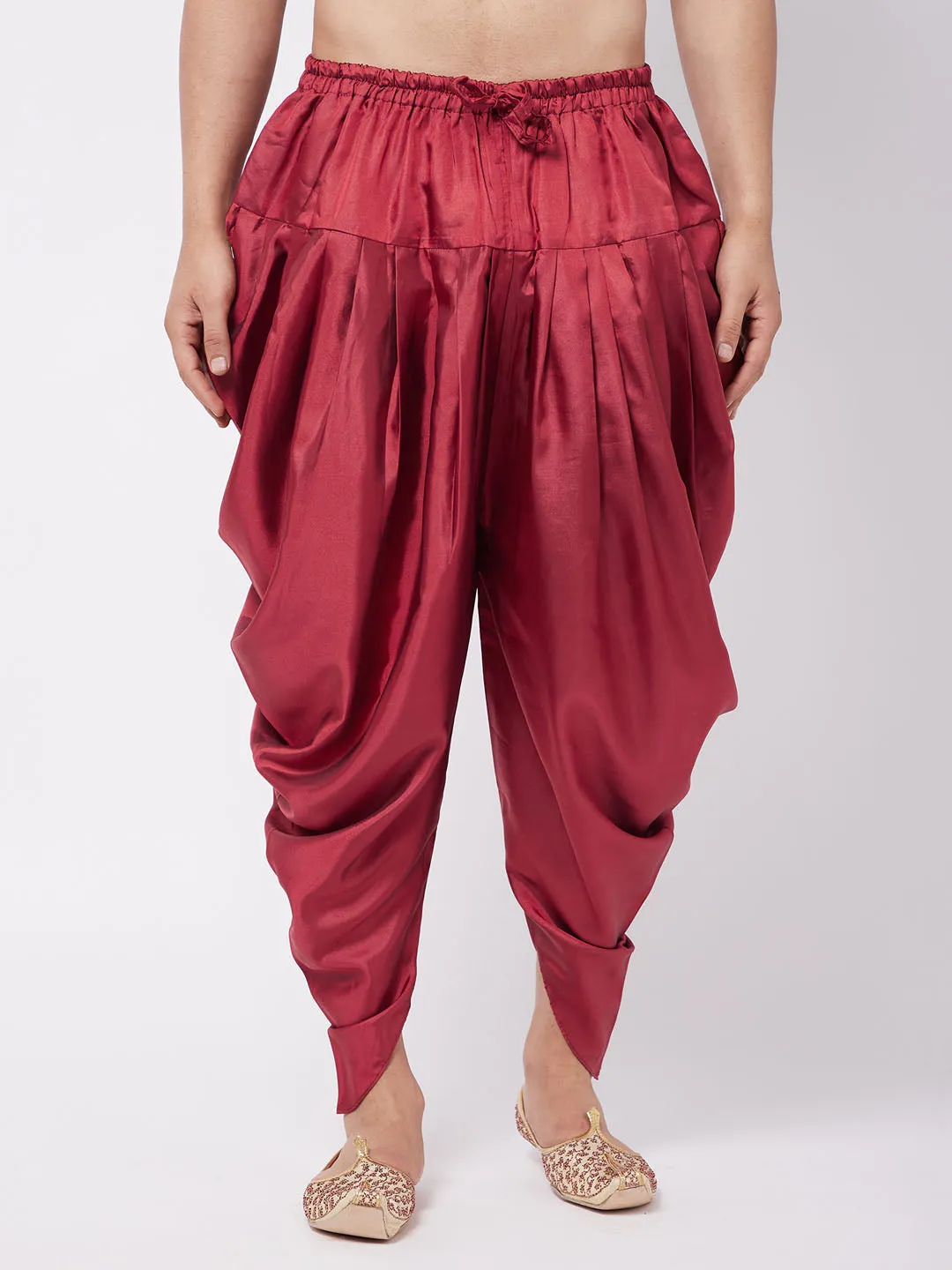 Jashvi Men's Maroon Cotton Blend Cowl Dhoti