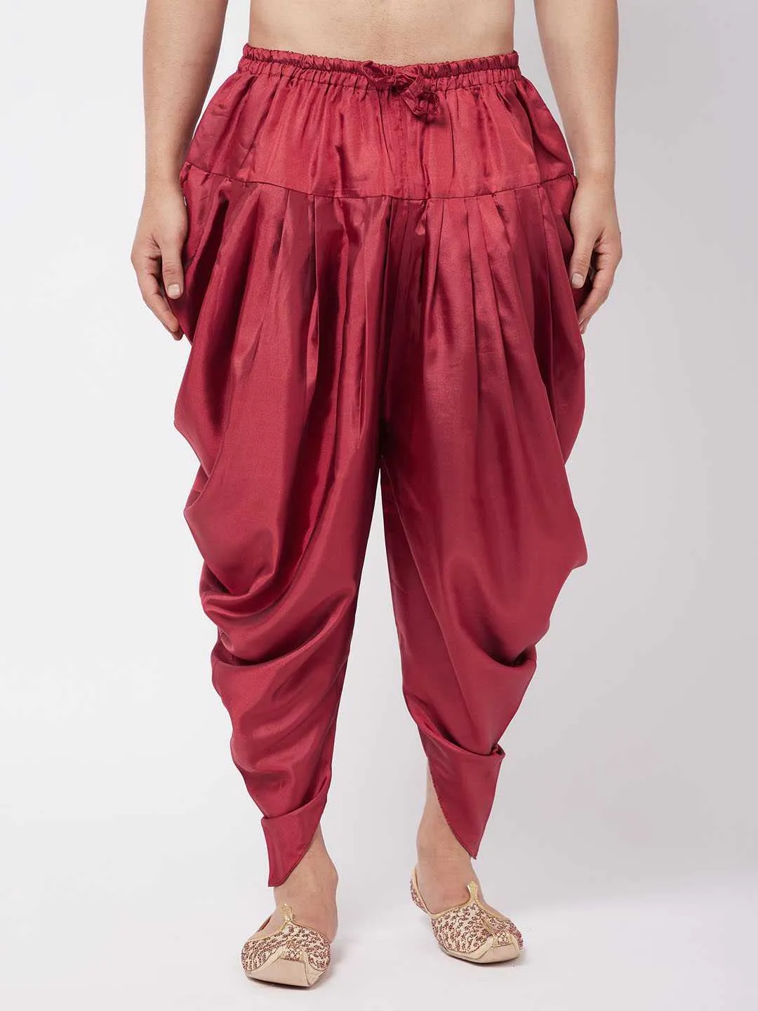 Jashvi Men's Maroon Cotton Blend Cowl Dhoti