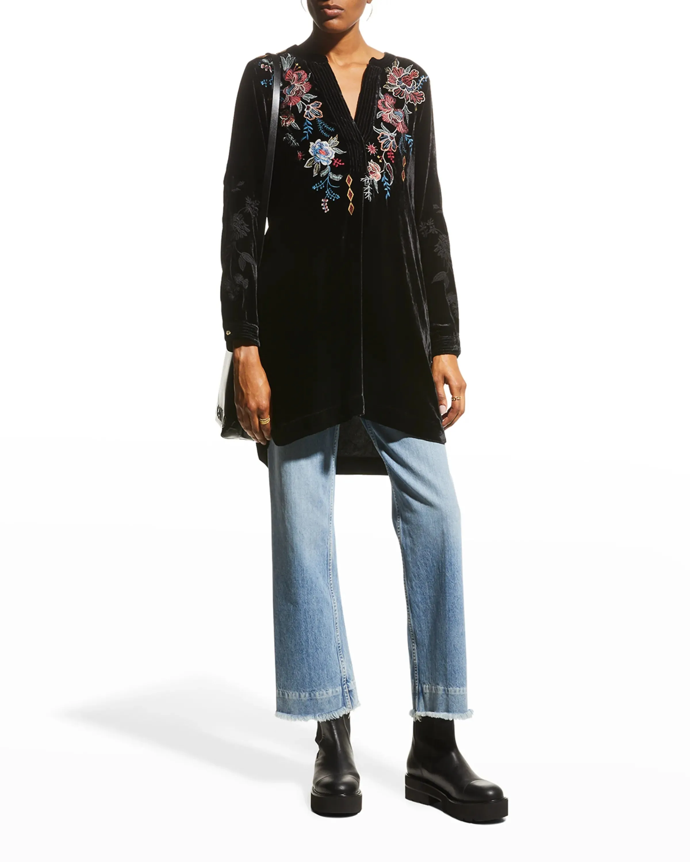 Johnny Was DENALI VELVET RELAXED TRAPUNTO TUNIC Black Embroidered Shirt Top New