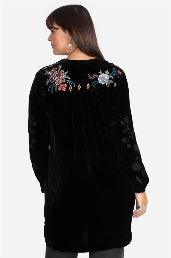 Johnny Was DENALI VELVET RELAXED TRAPUNTO TUNIC Black Embroidered Shirt Top New