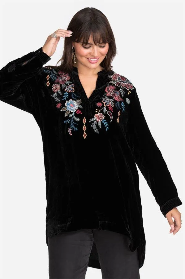 Johnny Was DENALI VELVET RELAXED TRAPUNTO TUNIC Black Embroidered Shirt Top New