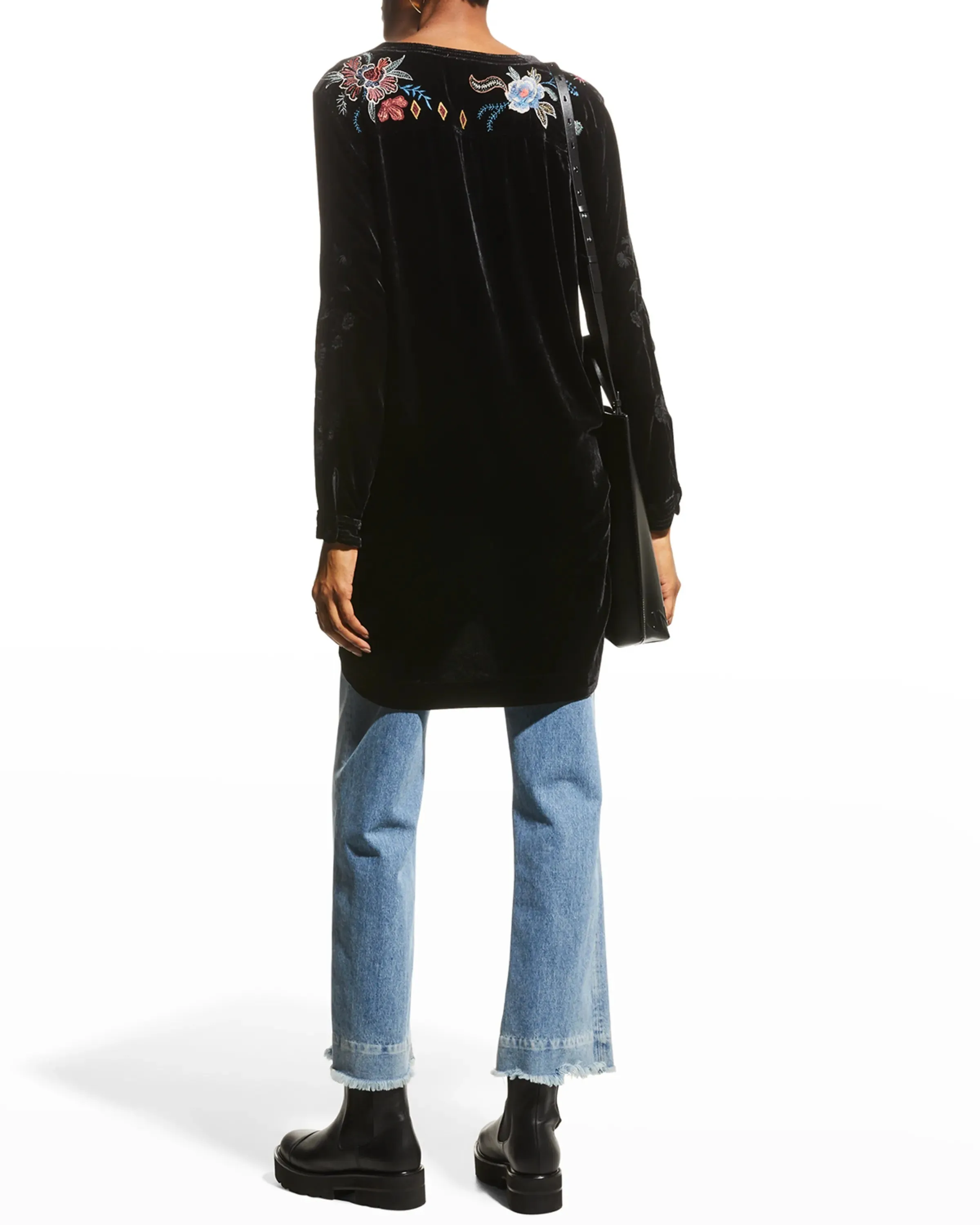 Johnny Was DENALI VELVET RELAXED TRAPUNTO TUNIC Black Embroidered Shirt Top New
