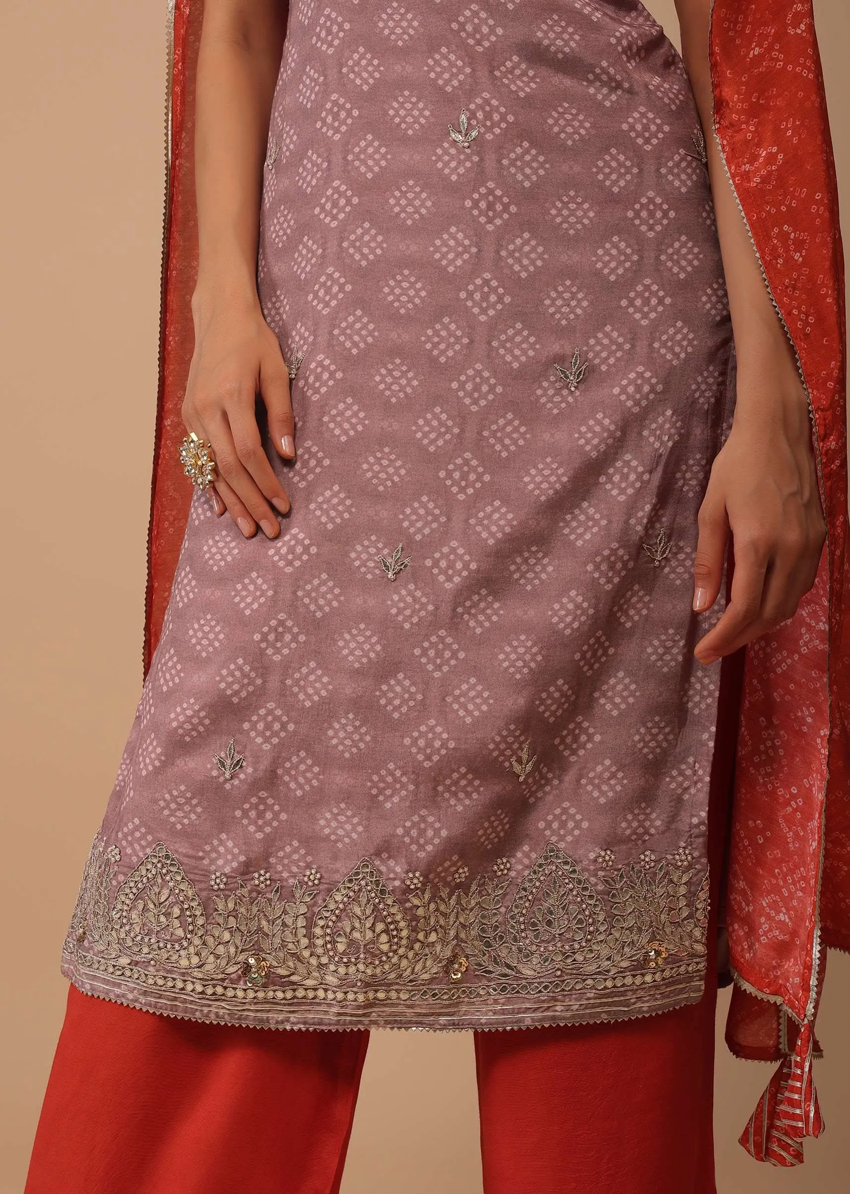 Lavender Purple Bandhani Printed Cotton Palazzo Suit With Embroidery