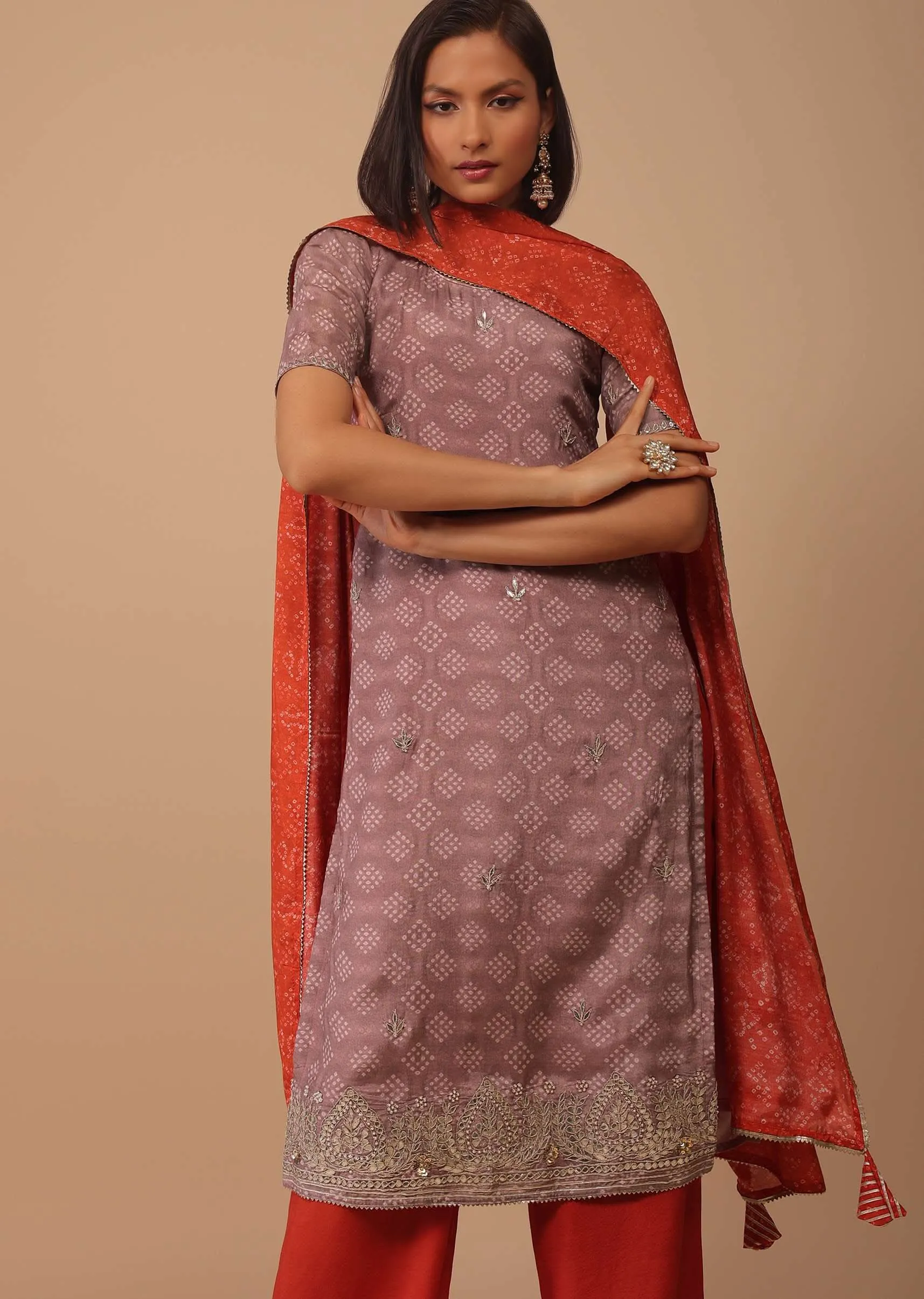 Lavender Purple Bandhani Printed Cotton Palazzo Suit With Embroidery