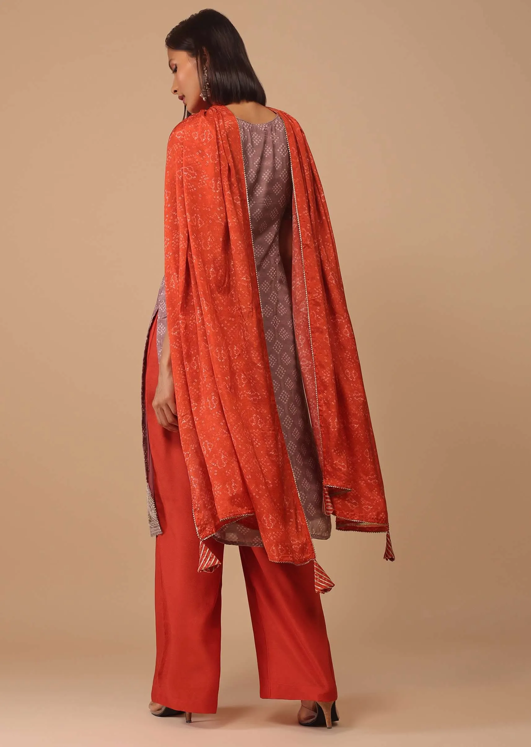 Lavender Purple Bandhani Printed Cotton Palazzo Suit With Embroidery