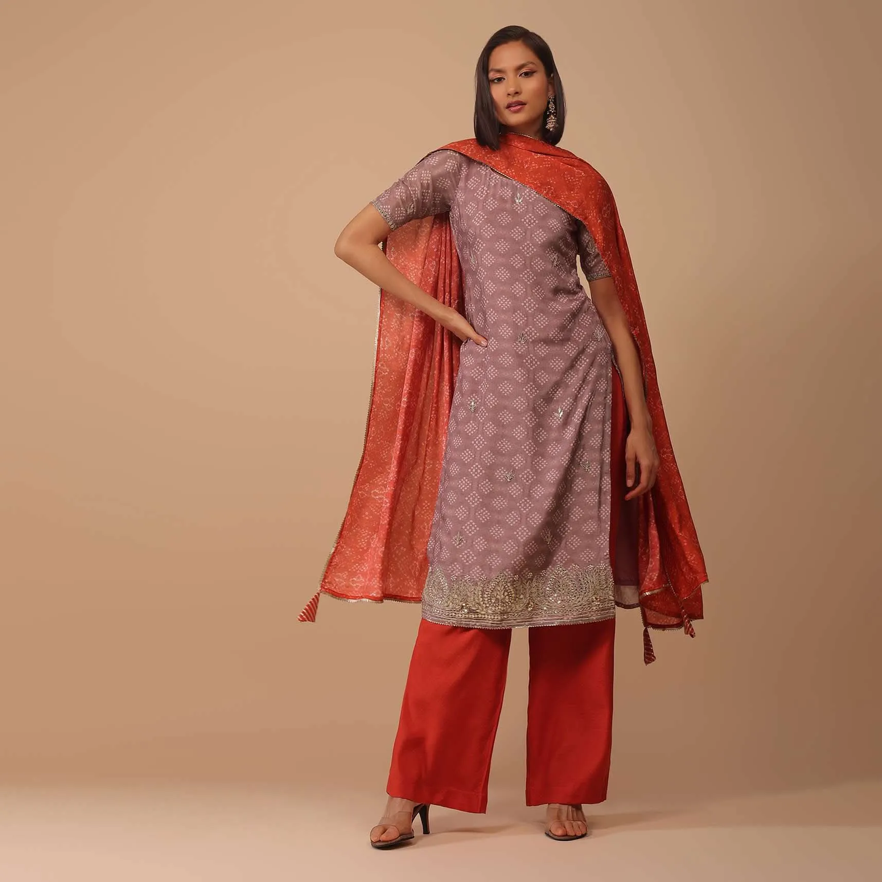 Lavender Purple Bandhani Printed Cotton Palazzo Suit With Embroidery
