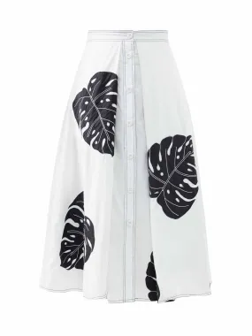Leaf-embroidered cotton-poplin skirt