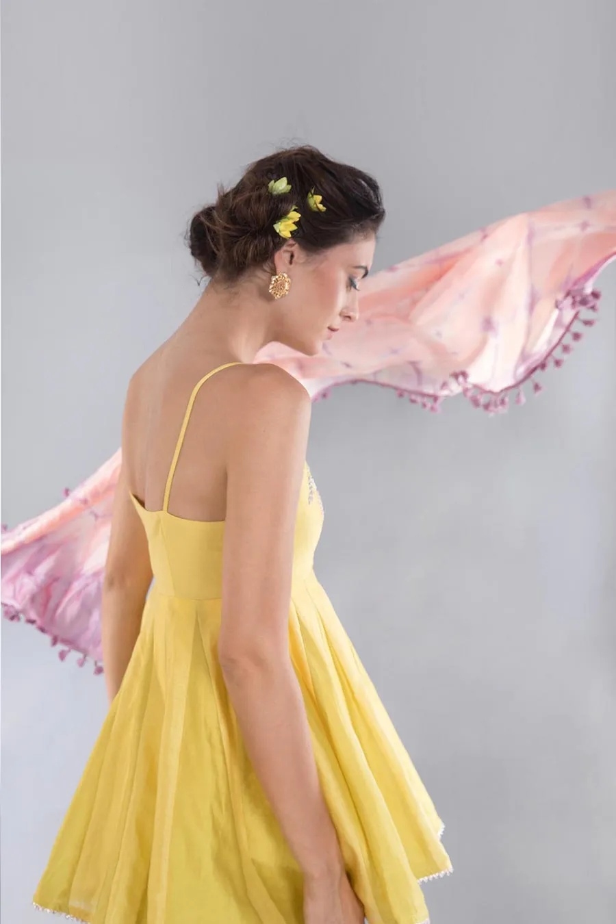 Lemon Yellow & Green Kali Kurta Dhoti & Dupatta Set