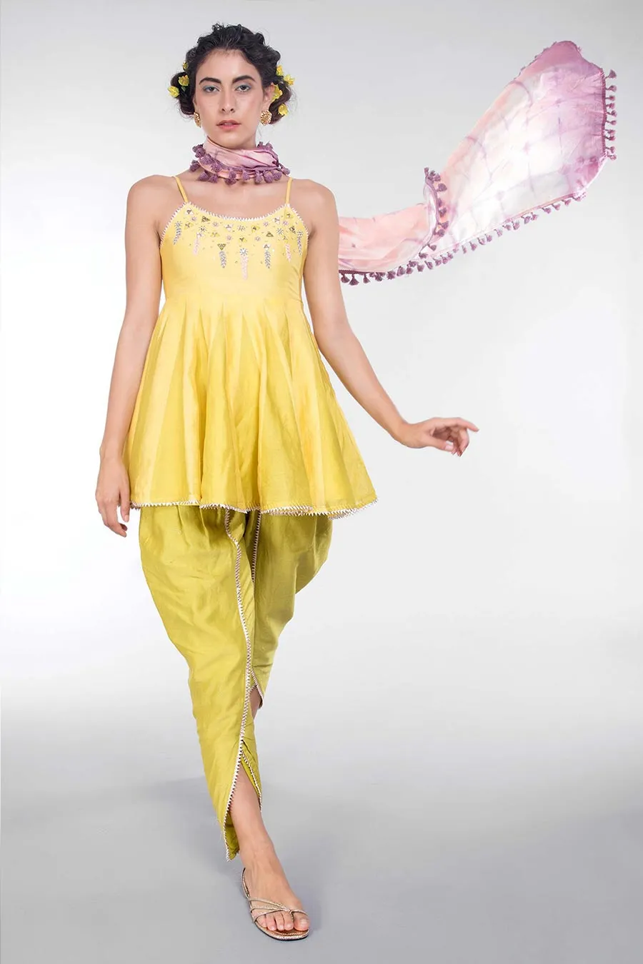 Lemon Yellow & Green Kali Kurta Dhoti & Dupatta Set