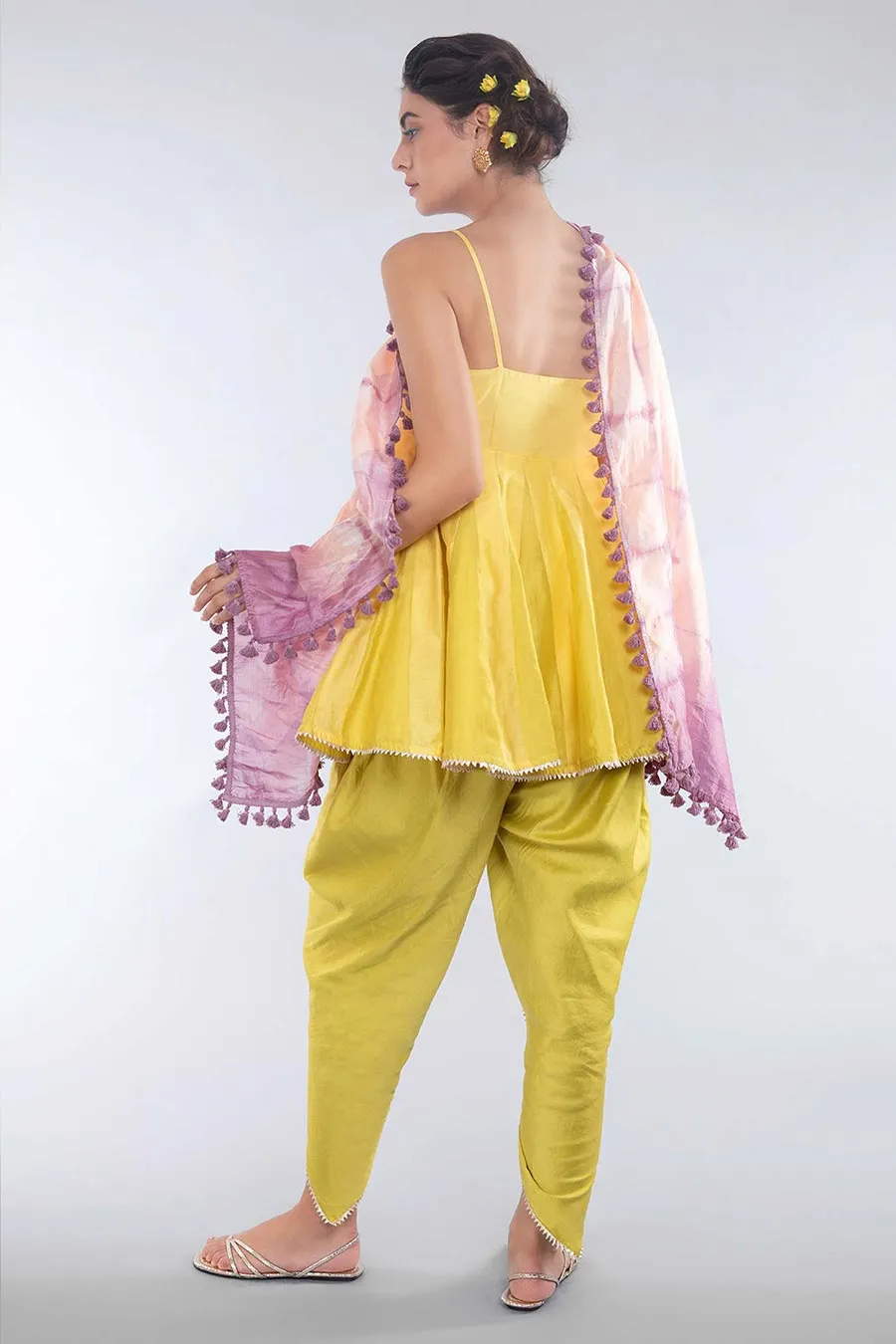 Lemon Yellow & Green Kali Kurta Dhoti & Dupatta Set