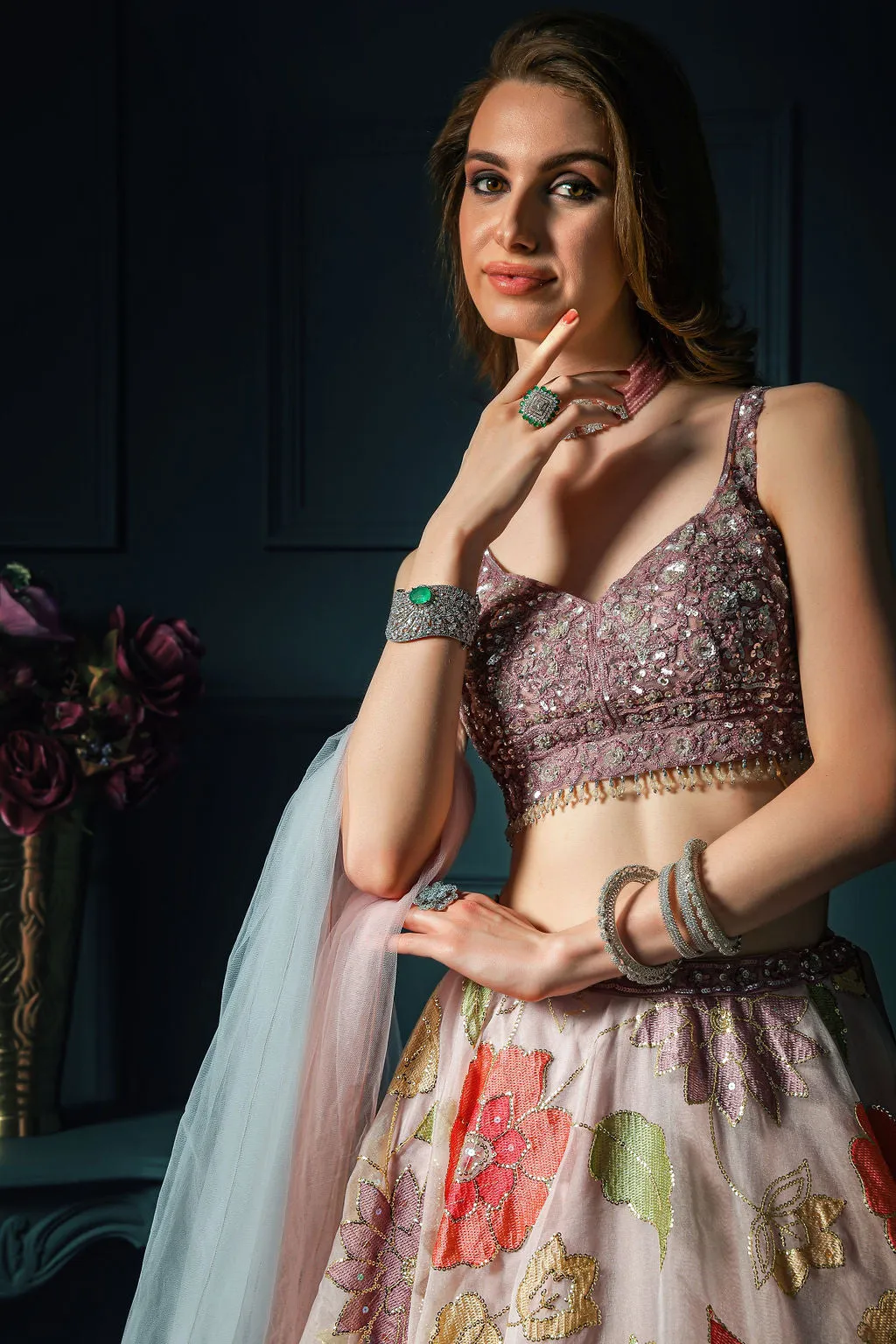 Mauve embroidered top with floral embroidered skirt