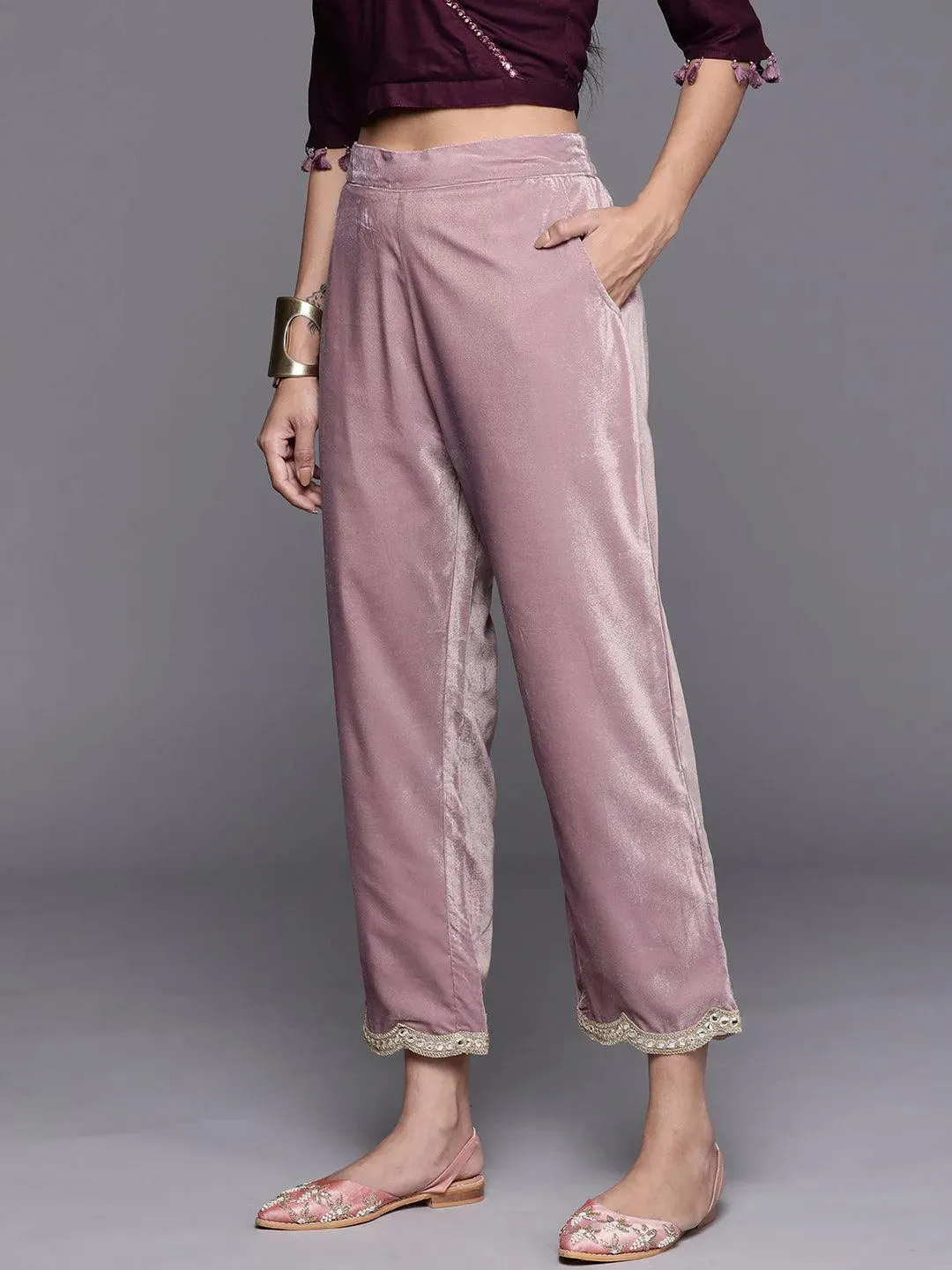Mauve Solid Velvet Trousers