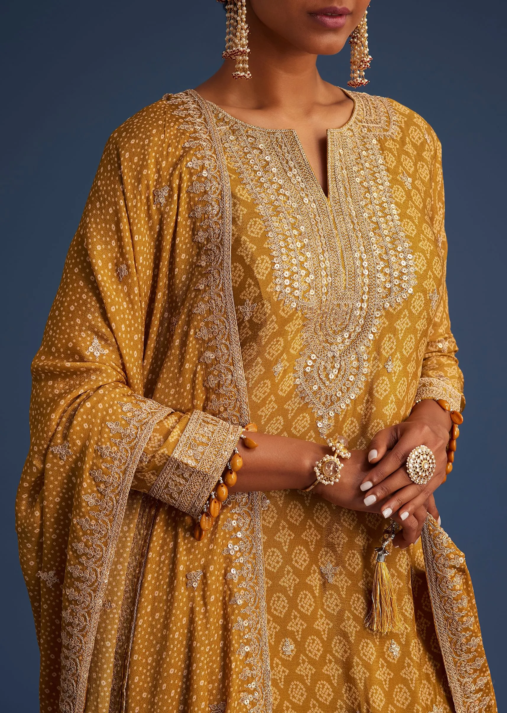 Mustard Yellow Chinon Bandhani Palazzo Set
