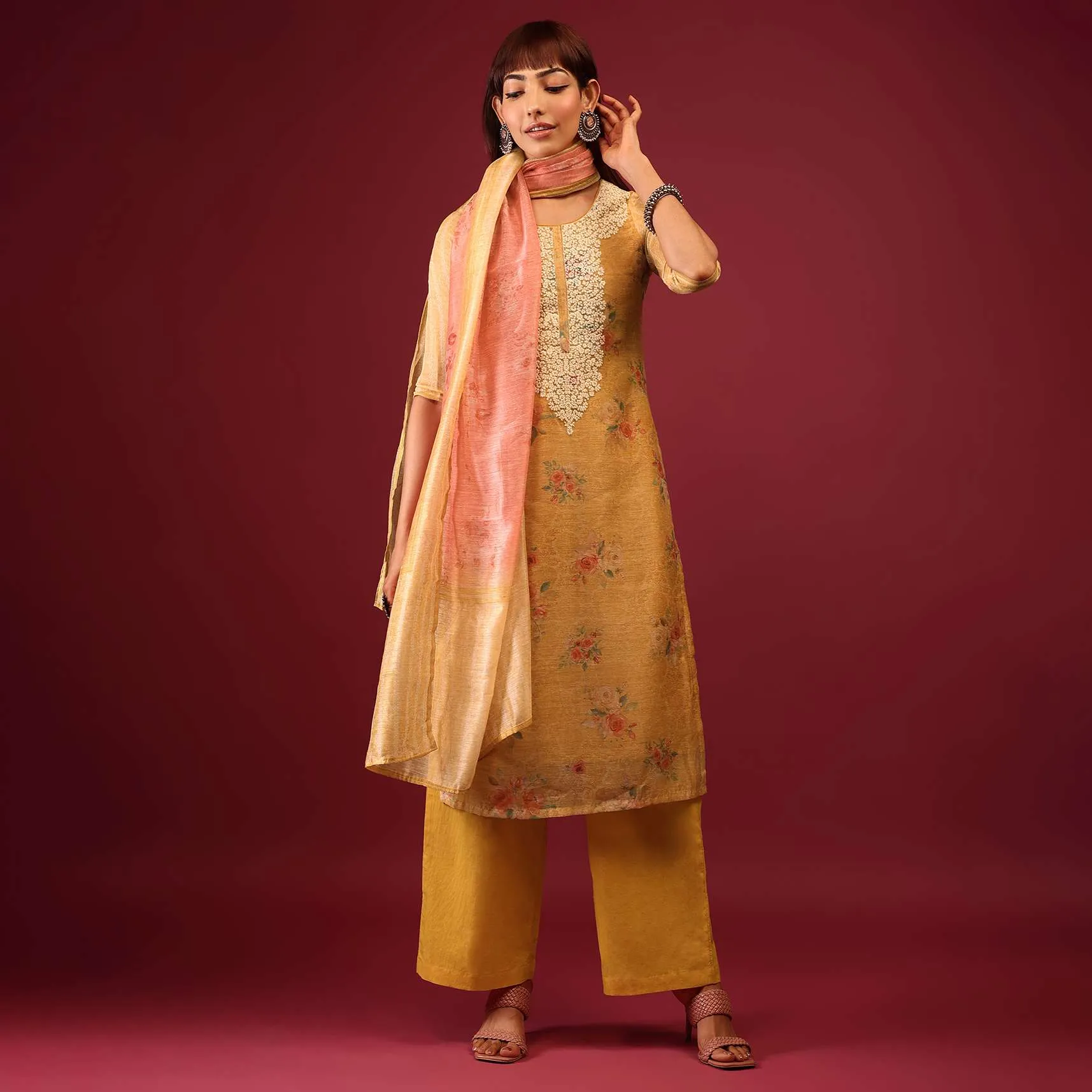 Mustard Yellow Floral Print Palazzo Suit In U Neckline With Thread And Zari Embroidery