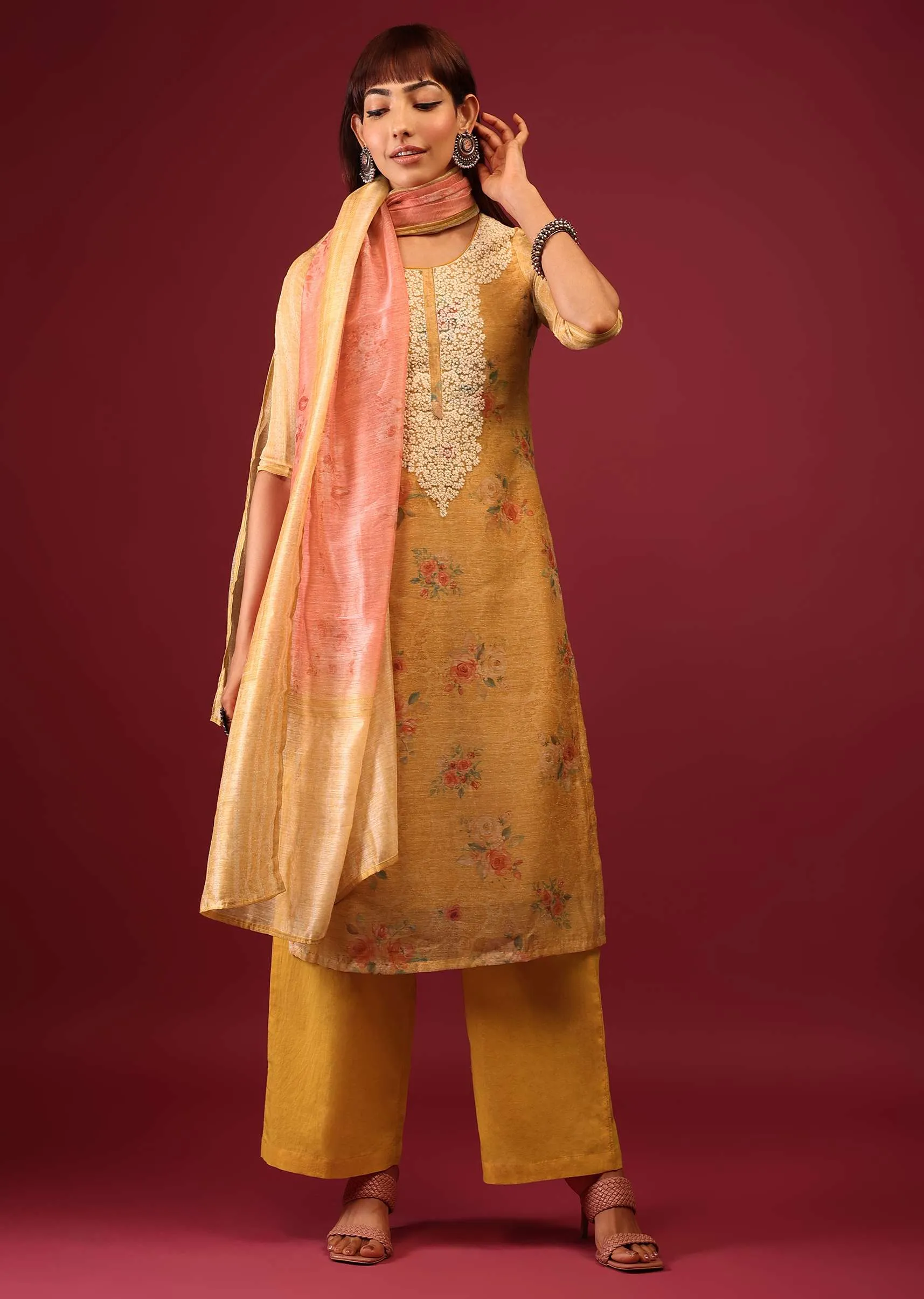 Mustard Yellow Floral Print Palazzo Suit In U Neckline With Thread And Zari Embroidery