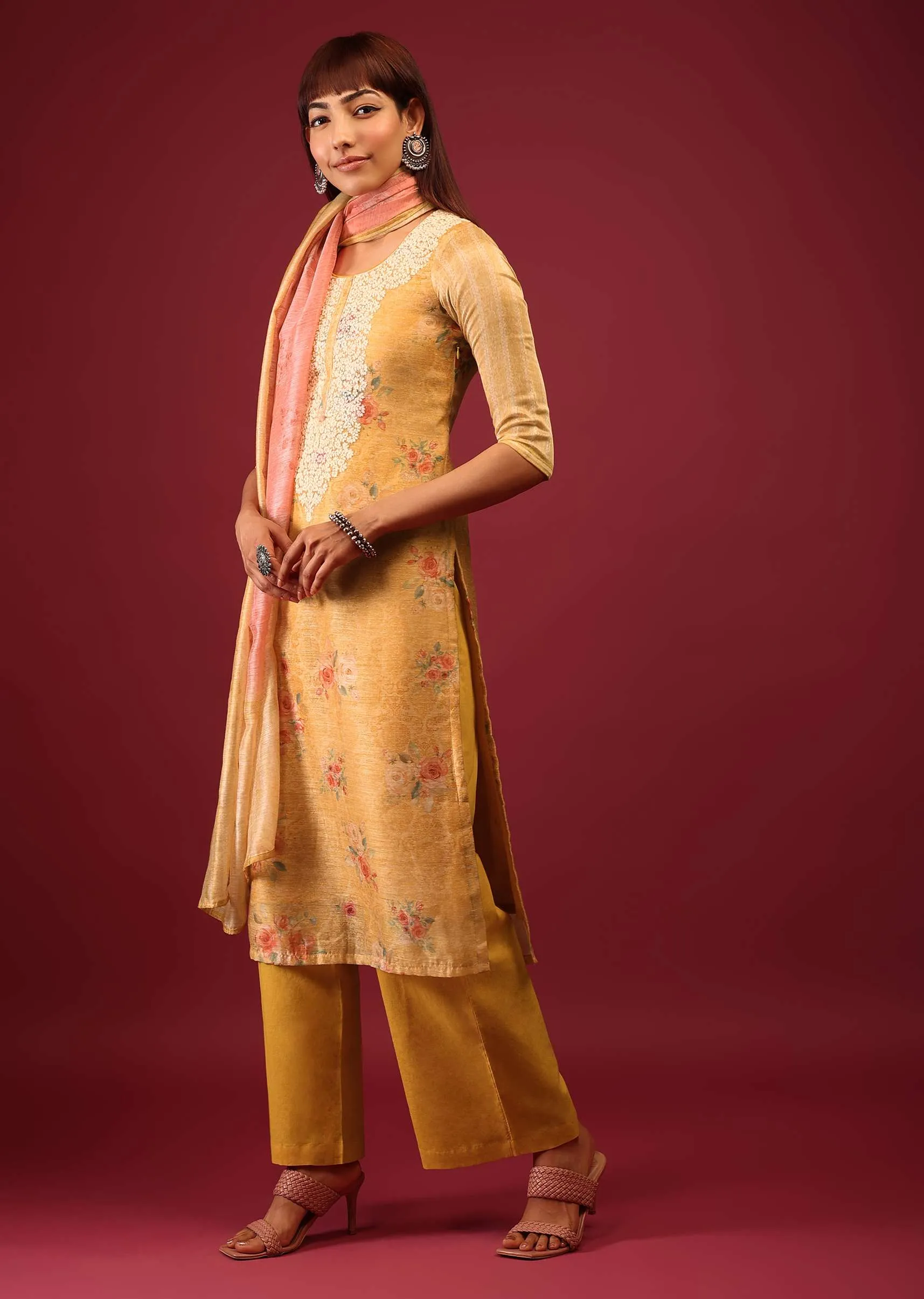 Mustard Yellow Floral Print Palazzo Suit In U Neckline With Thread And Zari Embroidery