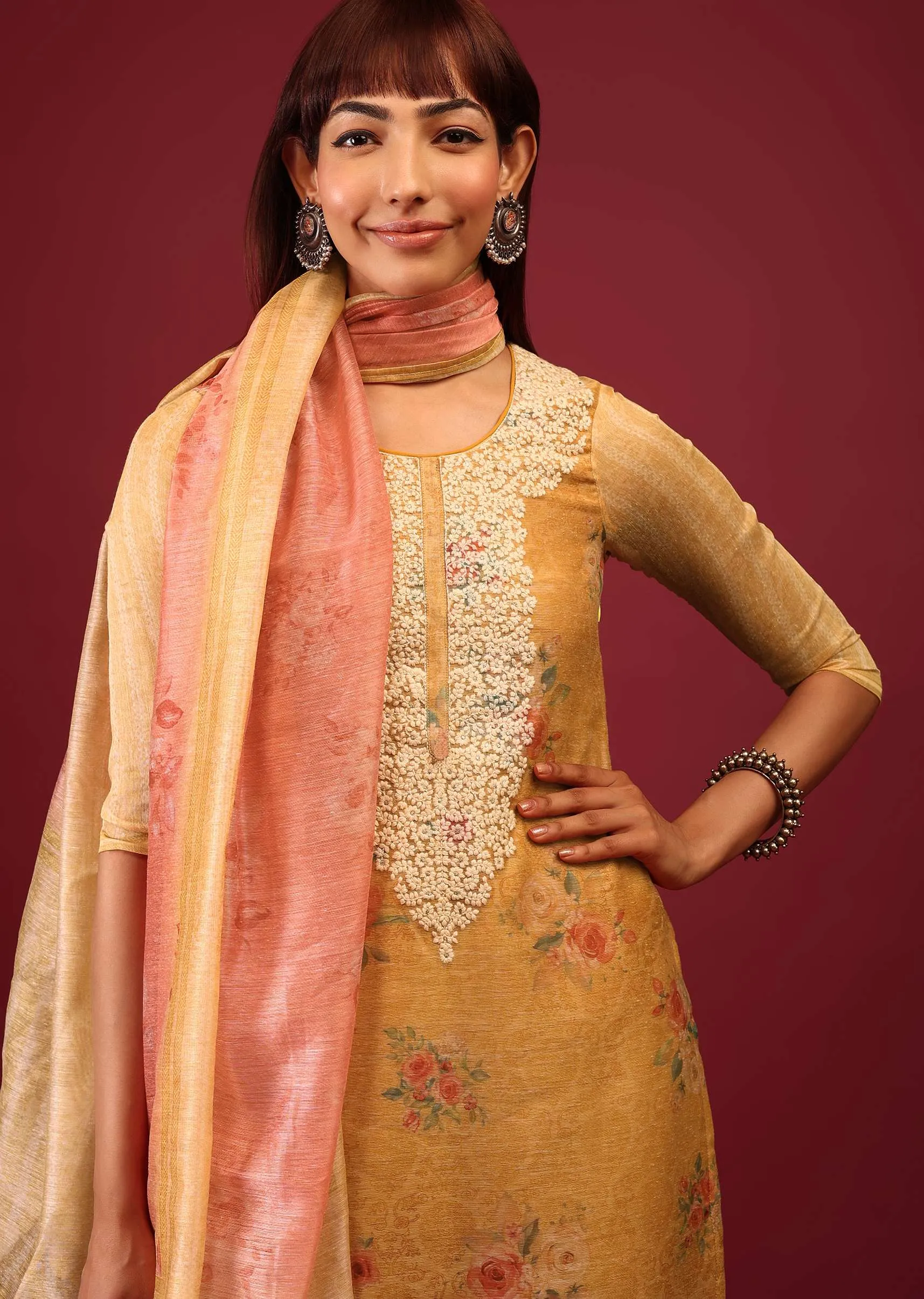 Mustard Yellow Floral Print Palazzo Suit In U Neckline With Thread And Zari Embroidery
