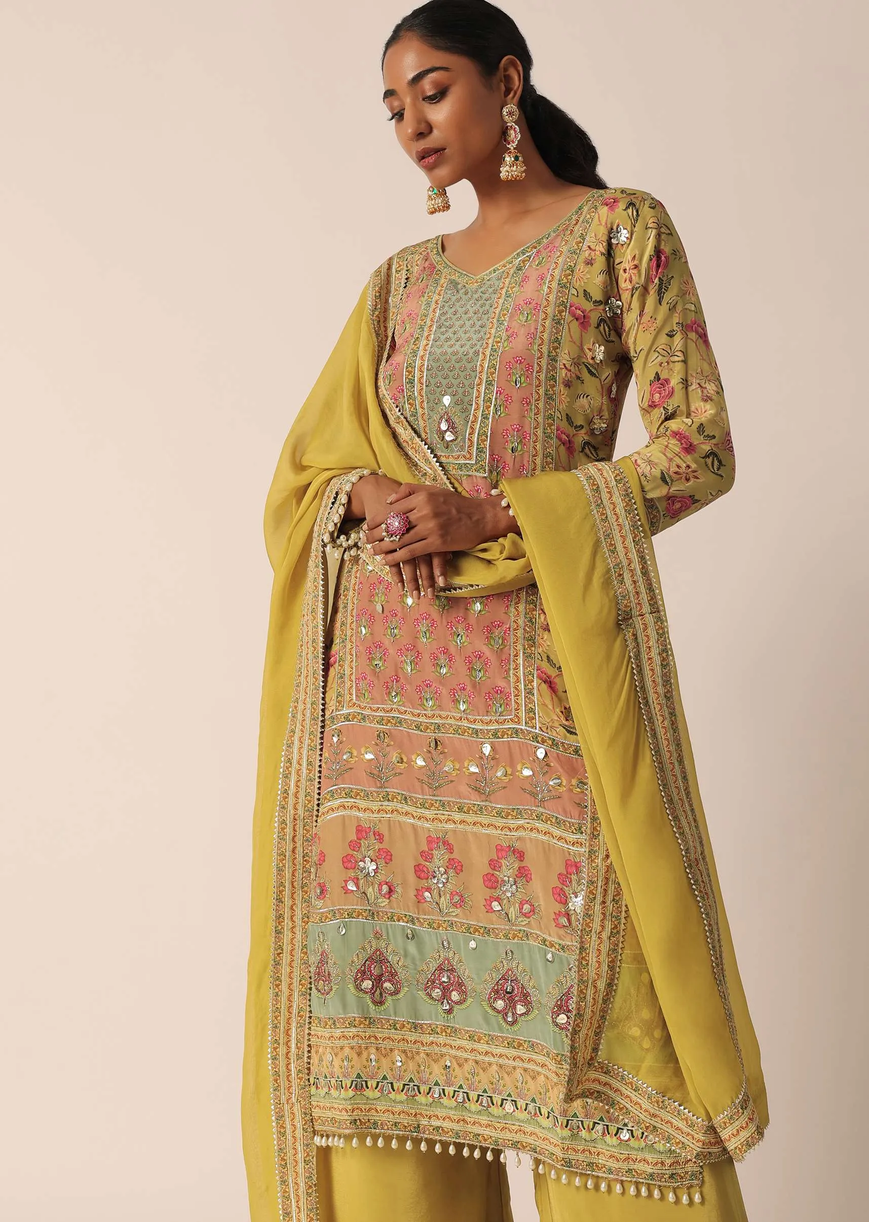 Mustard Yellow Hand Embroidered Kurta And Palazzo Set In Silk