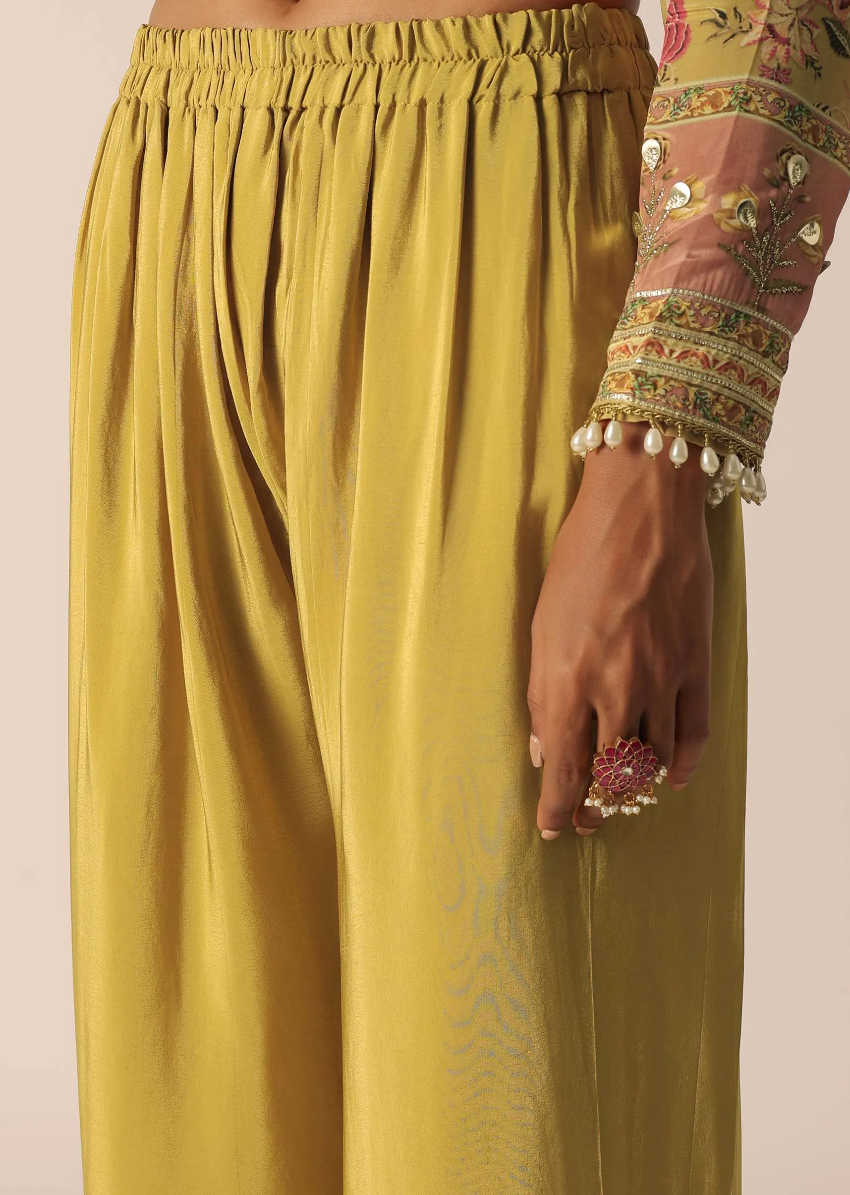 Mustard Yellow Hand Embroidered Kurta And Palazzo Set In Silk