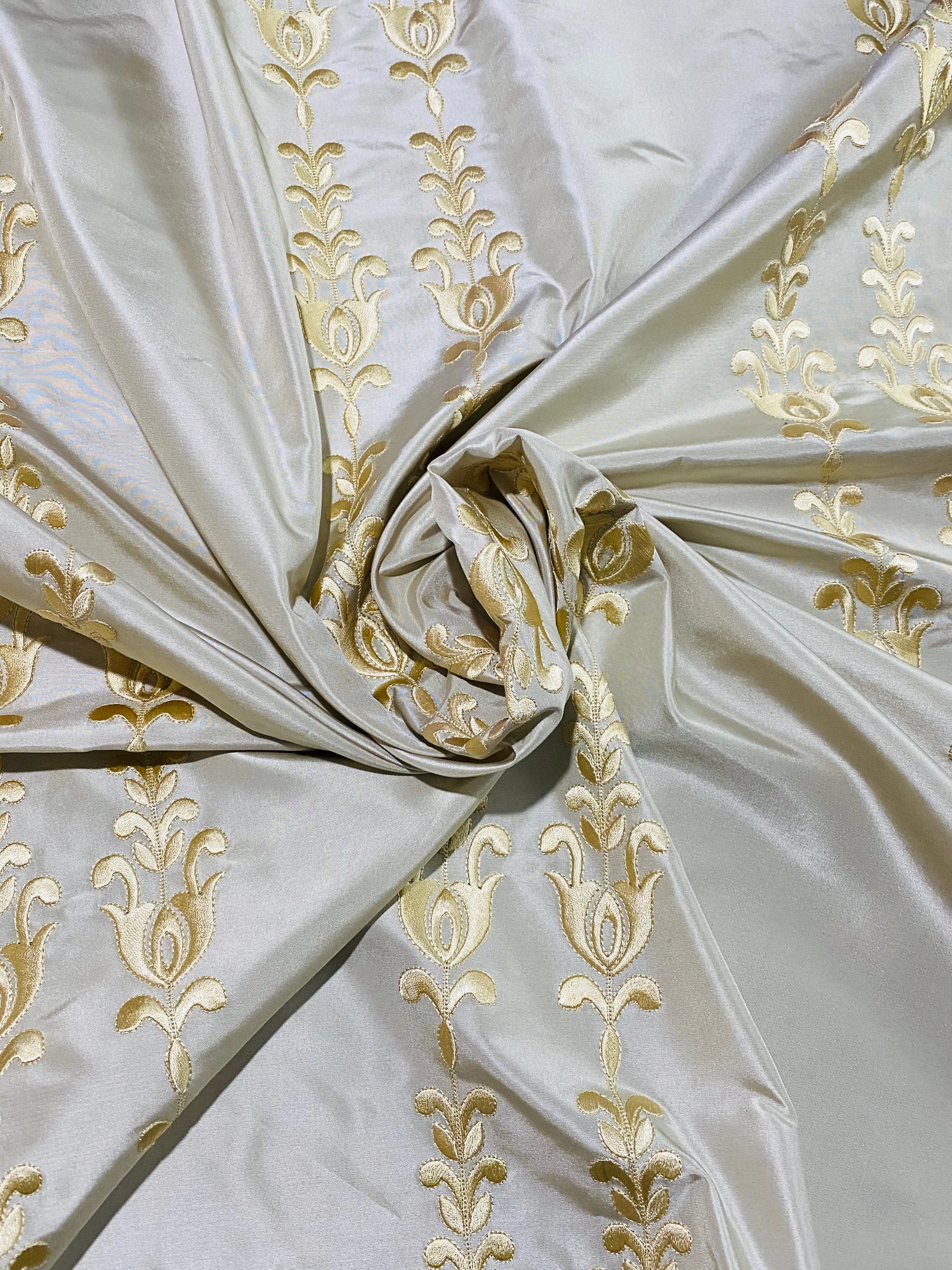 NEW Queen Marguerite Designer 100% Silk Taffeta Champagne Drapery Fabric Gold Embroidered Tulip Stripe SB_3_22