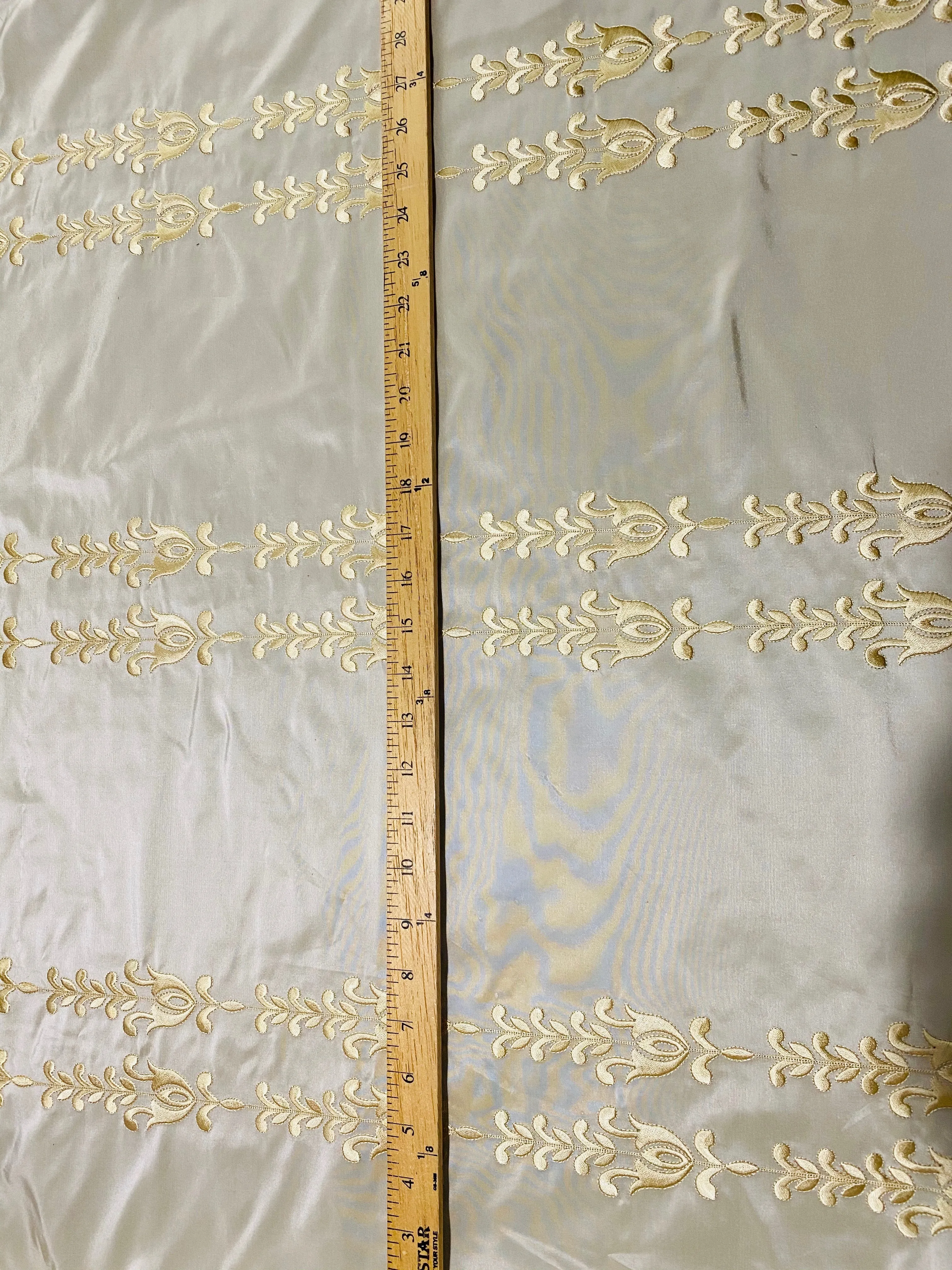 NEW Queen Marguerite Designer 100% Silk Taffeta Champagne Drapery Fabric Gold Embroidered Tulip Stripe SB_3_22