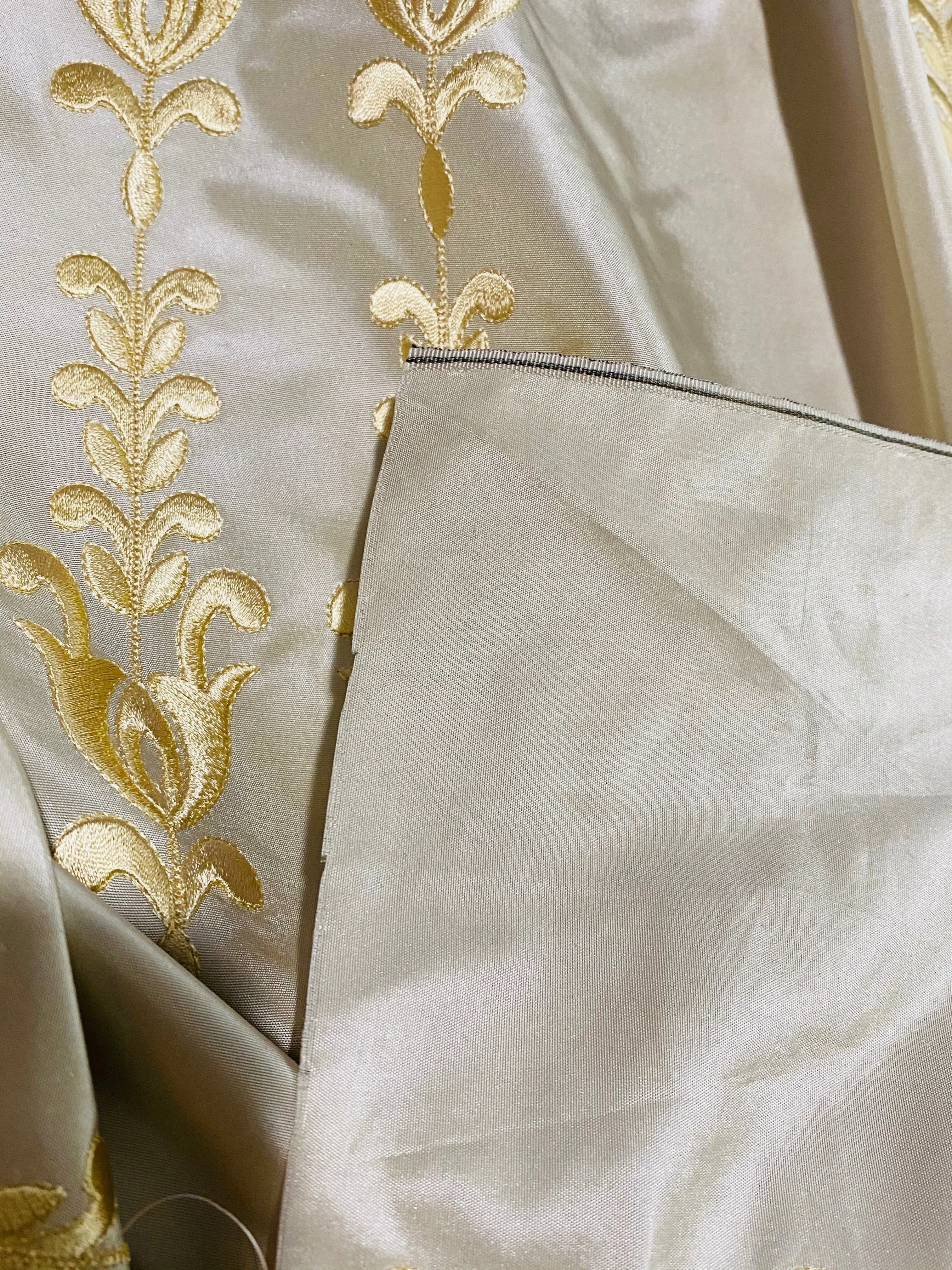 NEW Queen Marguerite Designer 100% Silk Taffeta Champagne Drapery Fabric Gold Embroidered Tulip Stripe SB_3_22