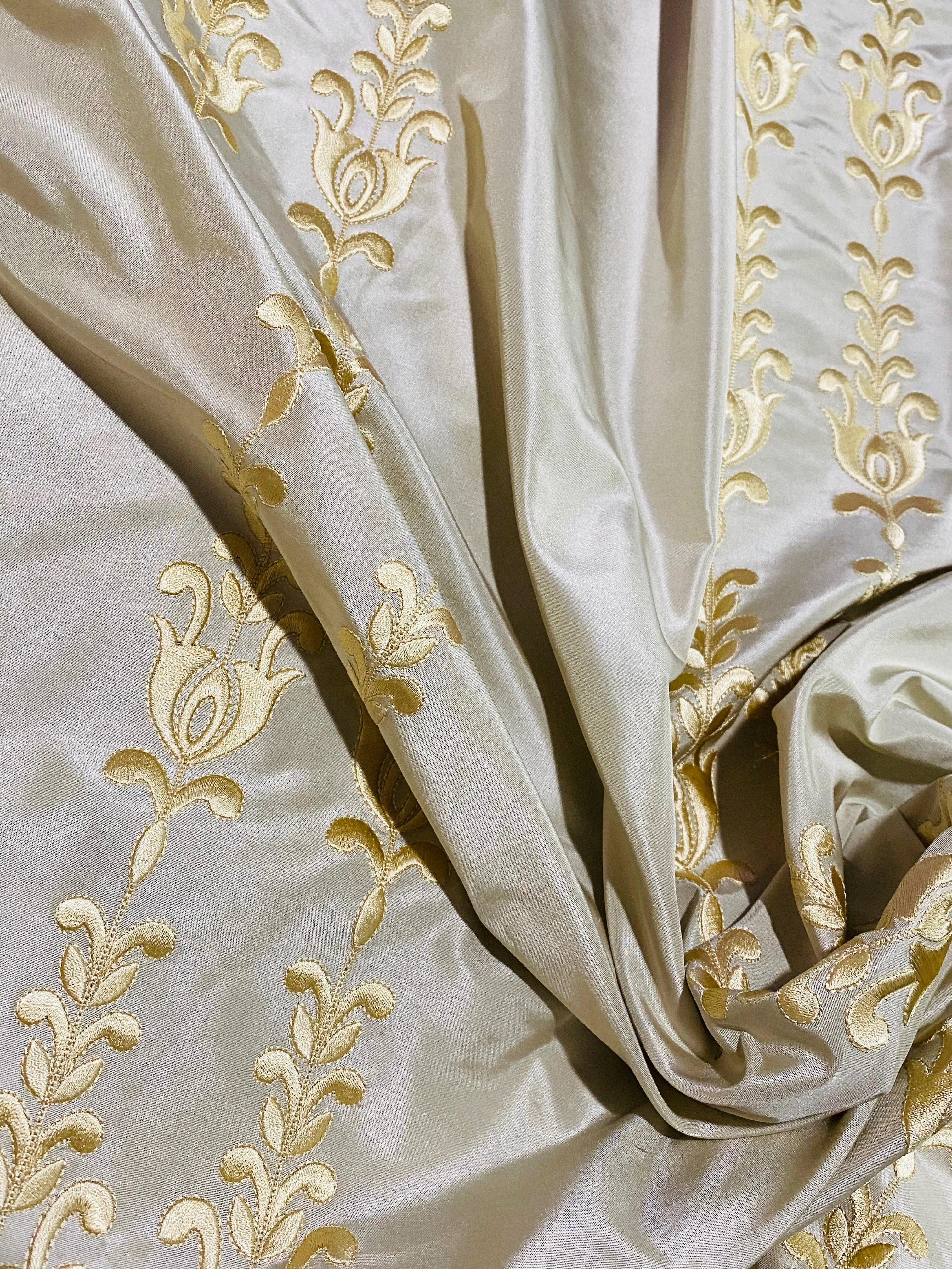 NEW Queen Marguerite Designer 100% Silk Taffeta Champagne Drapery Fabric Gold Embroidered Tulip Stripe SB_3_22