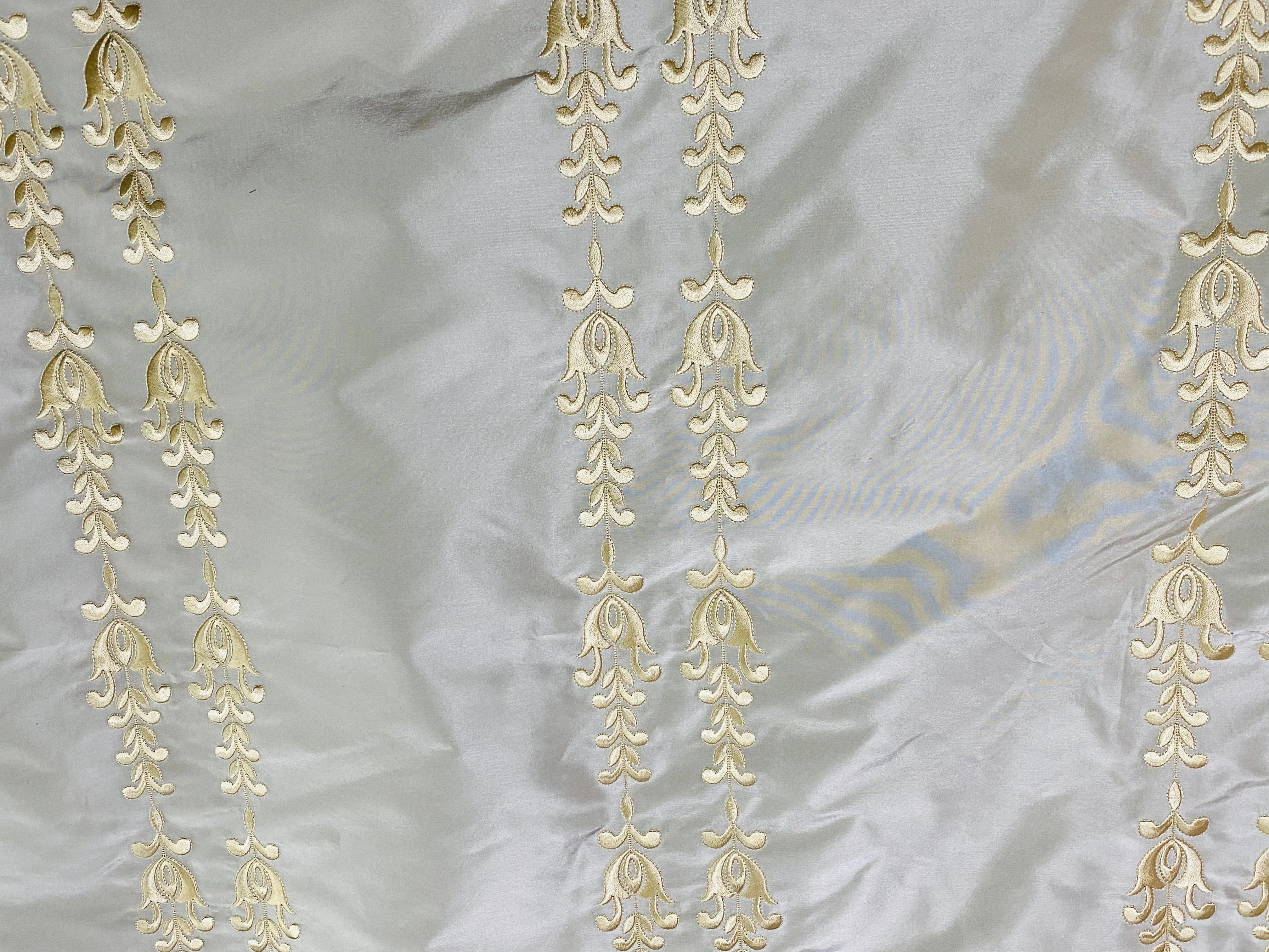 NEW Queen Marguerite Designer 100% Silk Taffeta Champagne Drapery Fabric Gold Embroidered Tulip Stripe SB_3_22