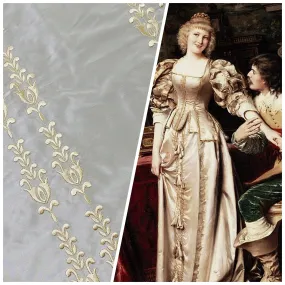 NEW Queen Marguerite Designer 100% Silk Taffeta Champagne Drapery Fabric Gold Embroidered Tulip Stripe SB_3_22