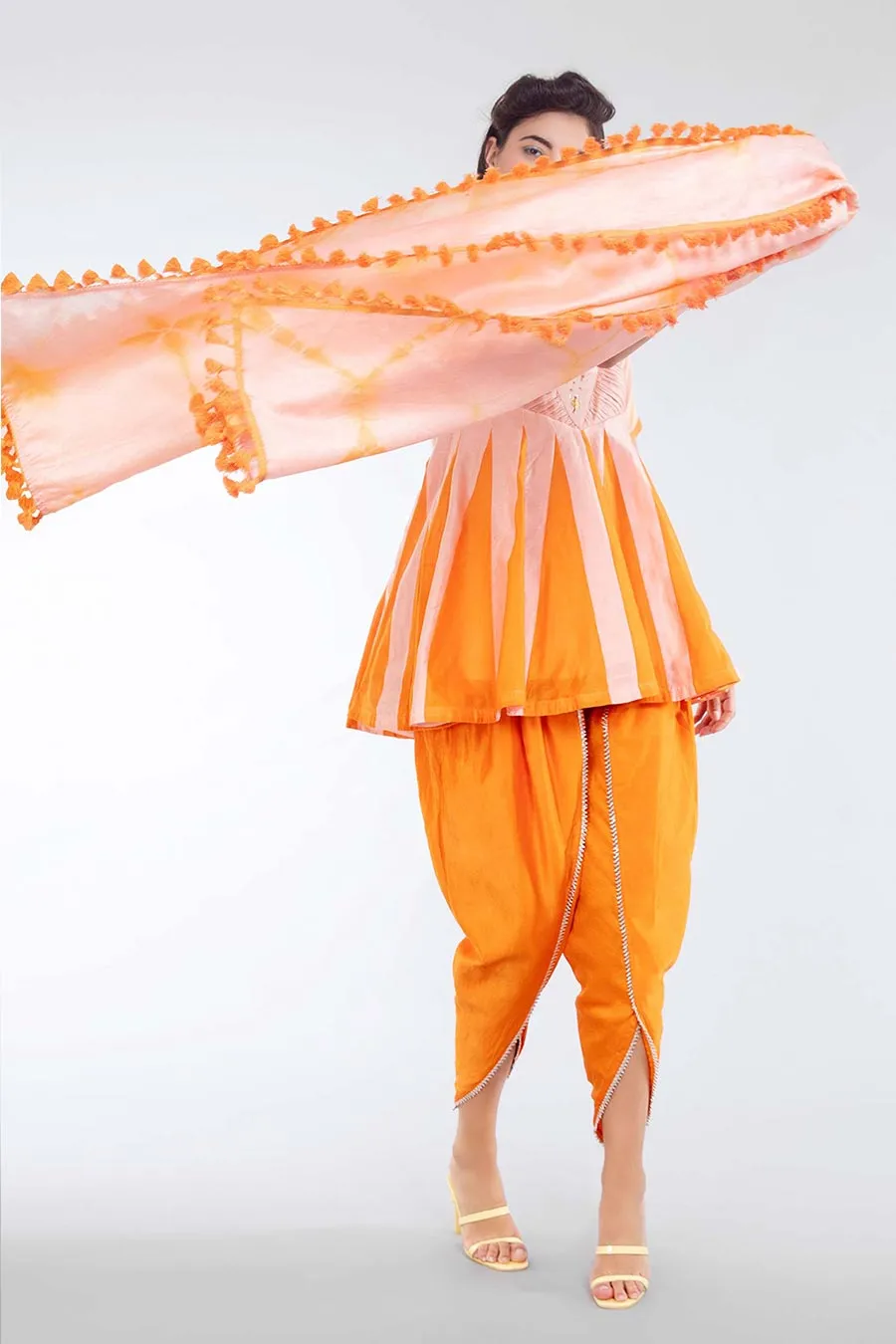 Peach & Orange Kali Kurta Dhoti & Dupatta Set