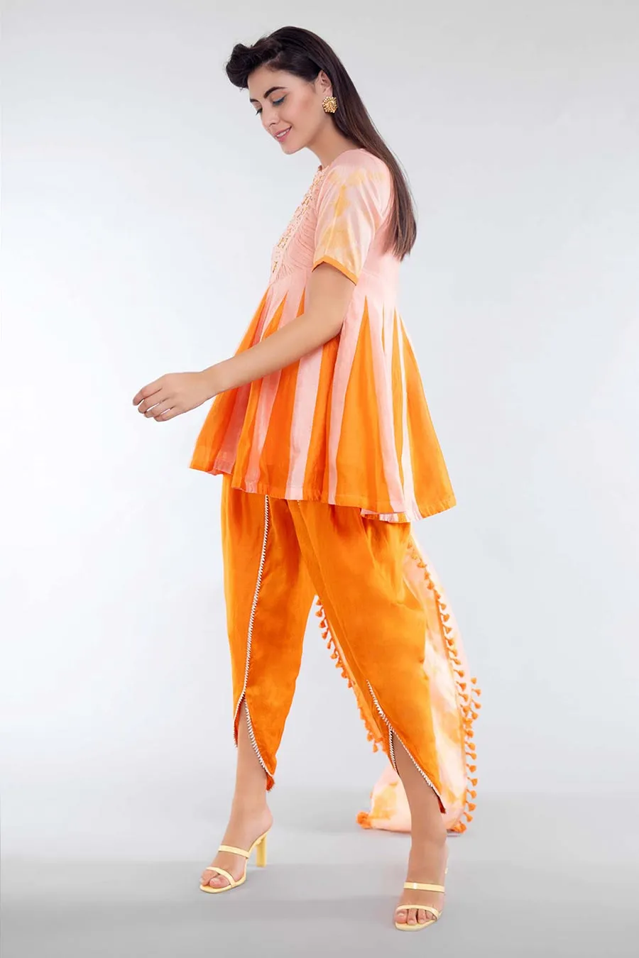 Peach & Orange Kali Kurta Dhoti & Dupatta Set