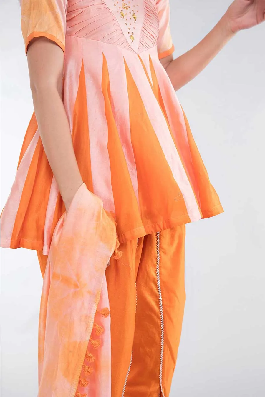 Peach & Orange Kali Kurta Dhoti & Dupatta Set