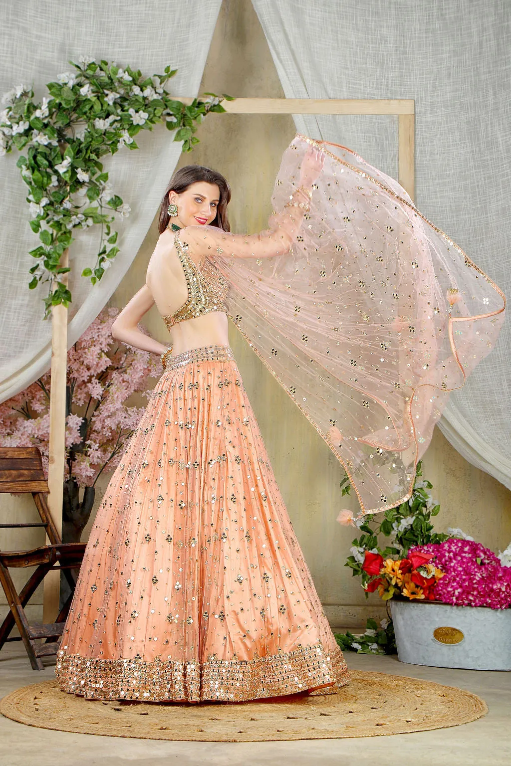 Peach mirror Embroidered blouse with embroidered skirt and dupatta