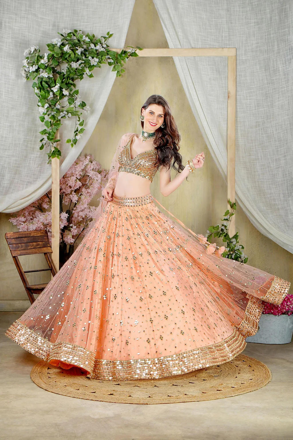 Peach mirror Embroidered blouse with embroidered skirt and dupatta