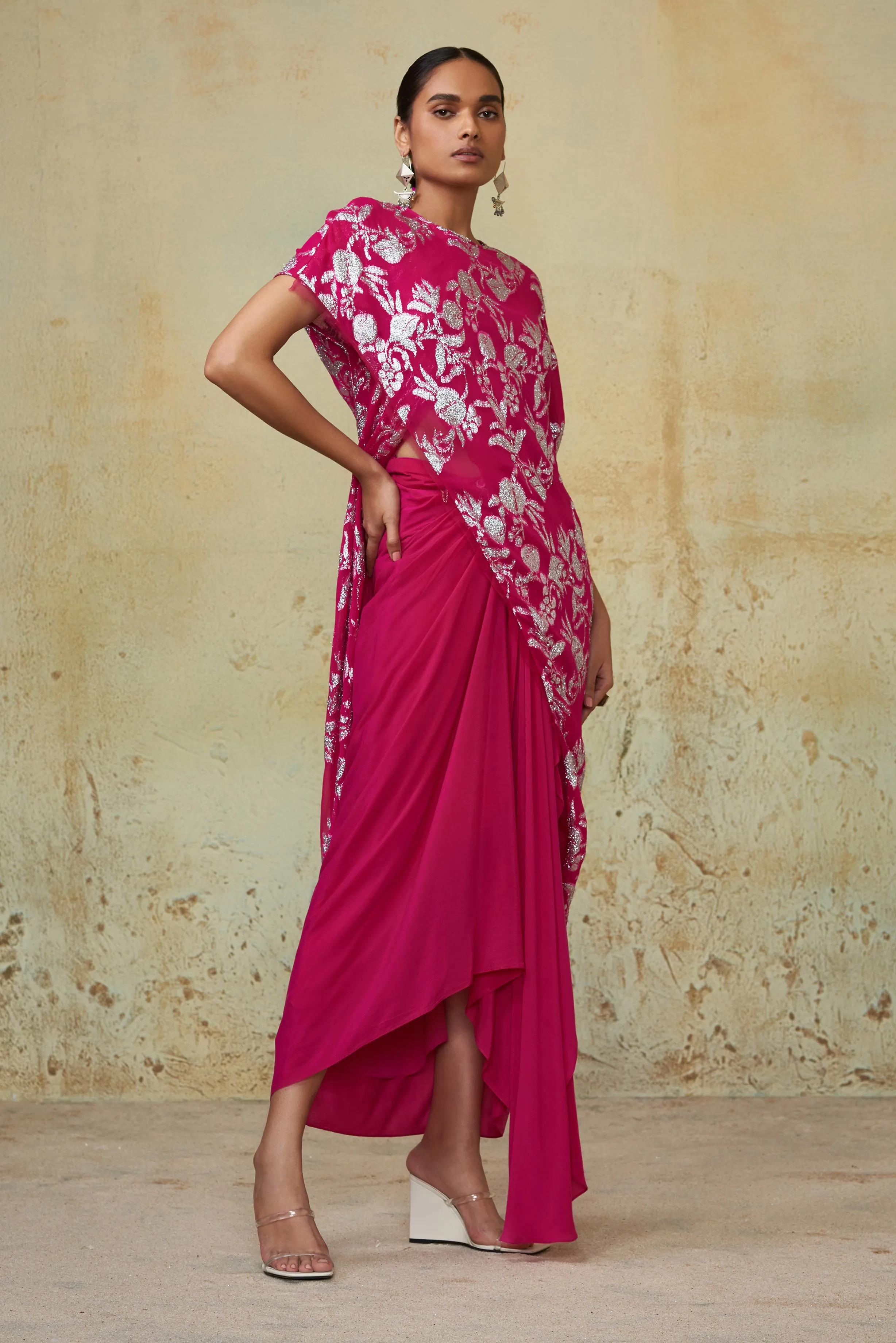 Pink Embroidered Drape Skirt