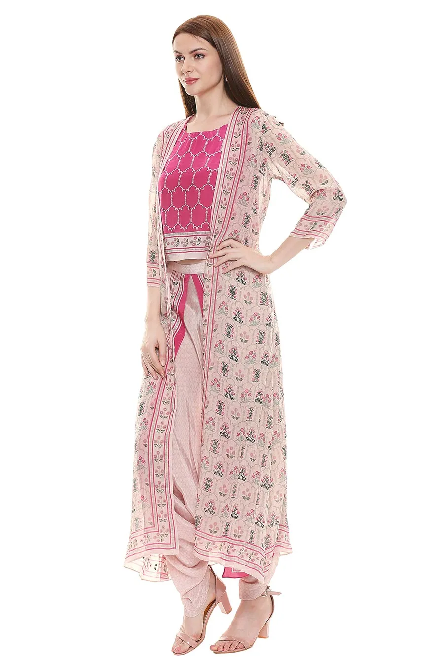 Pink Top & Dhoti Pant With Jacket (Set of 3)