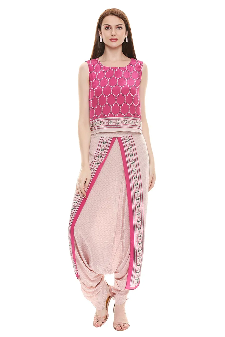 Pink Top & Dhoti Pant With Jacket (Set of 3)