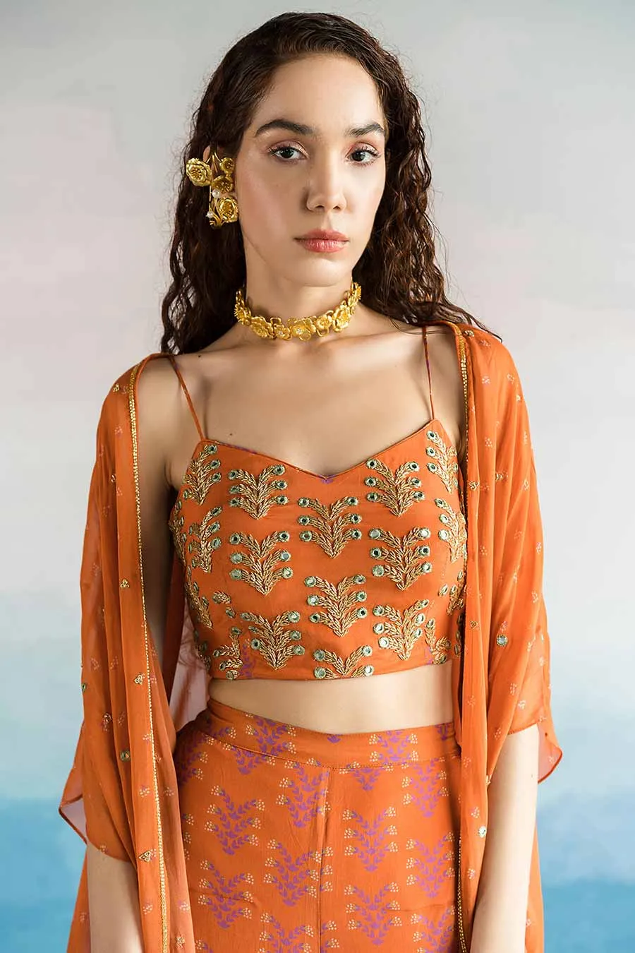 Rust Floral Print Shrug And Palazzo Set