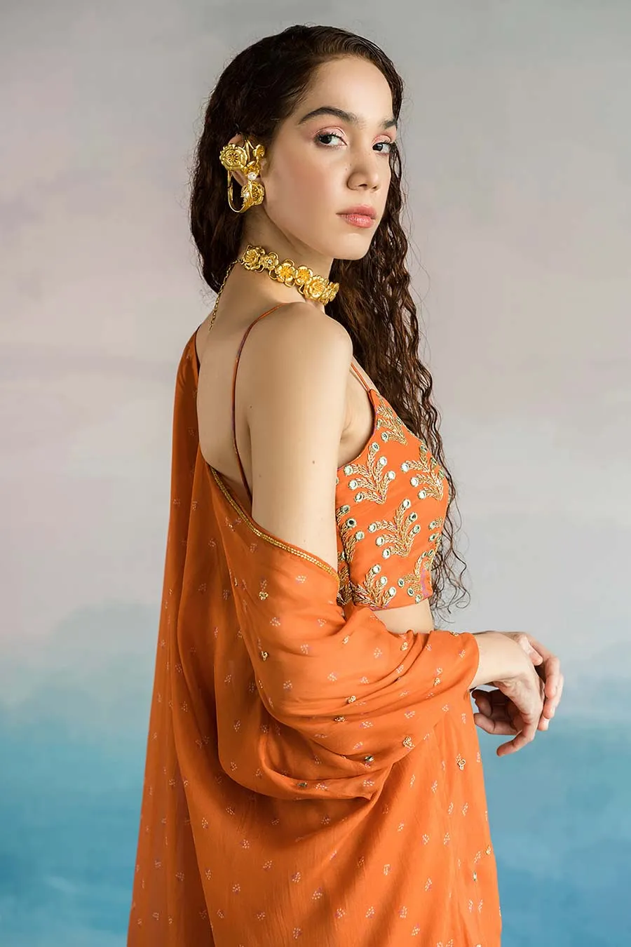 Rust Floral Print Shrug And Palazzo Set
