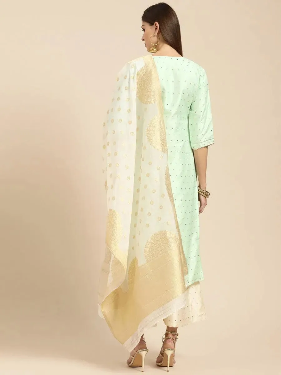 Sea Green Self Design Chanderi Silk Straight Kurta With Palazzos & Dupatta