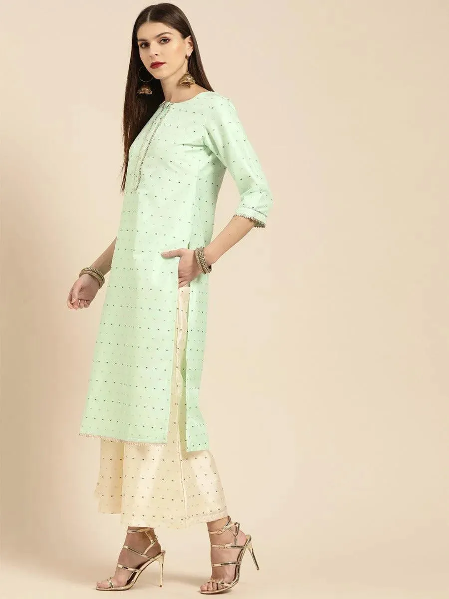 Sea Green Self Design Chanderi Silk Straight Kurta With Palazzos & Dupatta