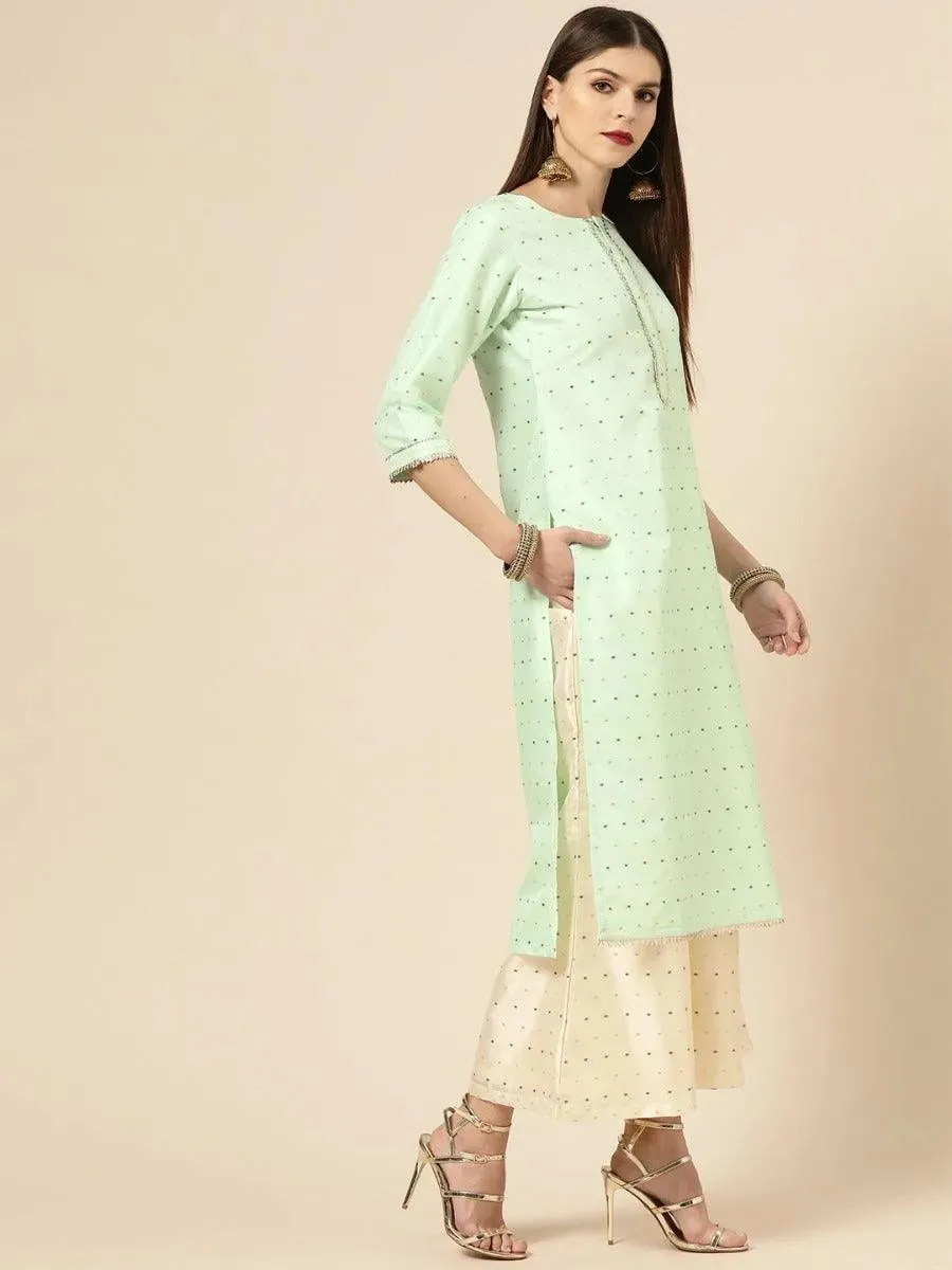 Sea Green Self Design Chanderi Silk Straight Kurta With Palazzos & Dupatta